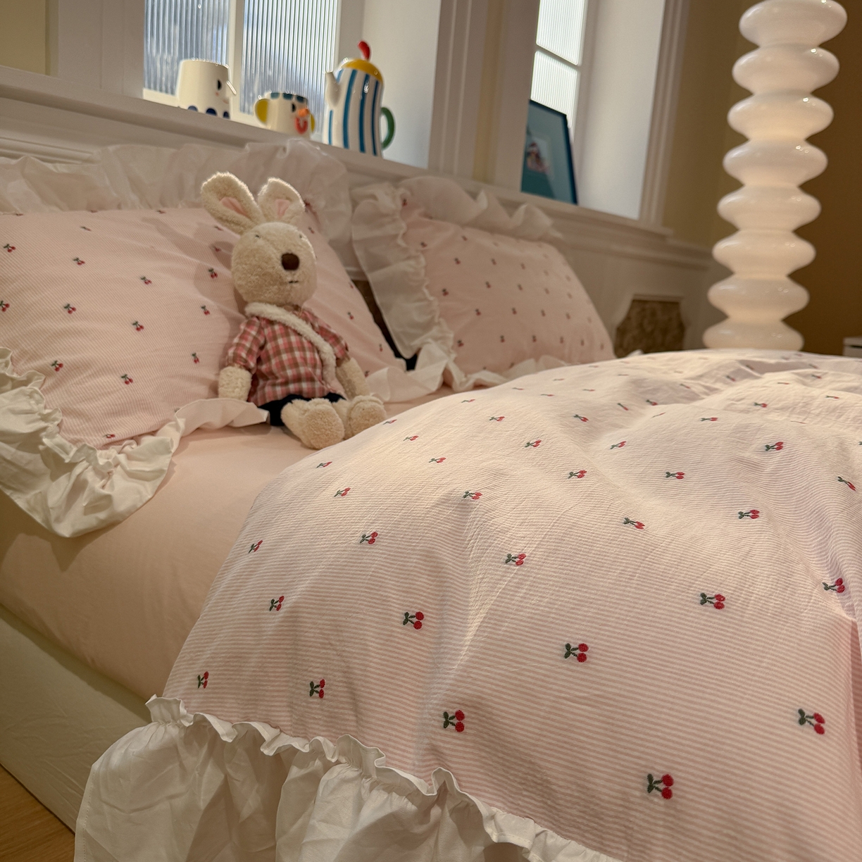 91家纺网 家纺一手货源 找家纺 （总）觅糖家纺 2026新款全棉水洗棉色织提花四件套-樱桃甜梦（会员-5）