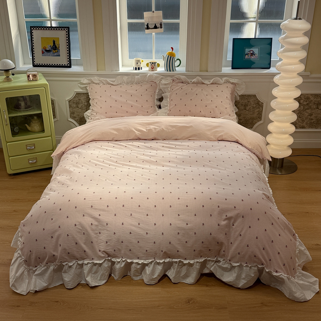 91家纺网 家纺一手货源 找家纺 （总）觅糖家纺 2026新款全棉水洗棉色织提花四件套-樱桃甜梦（会员-5）