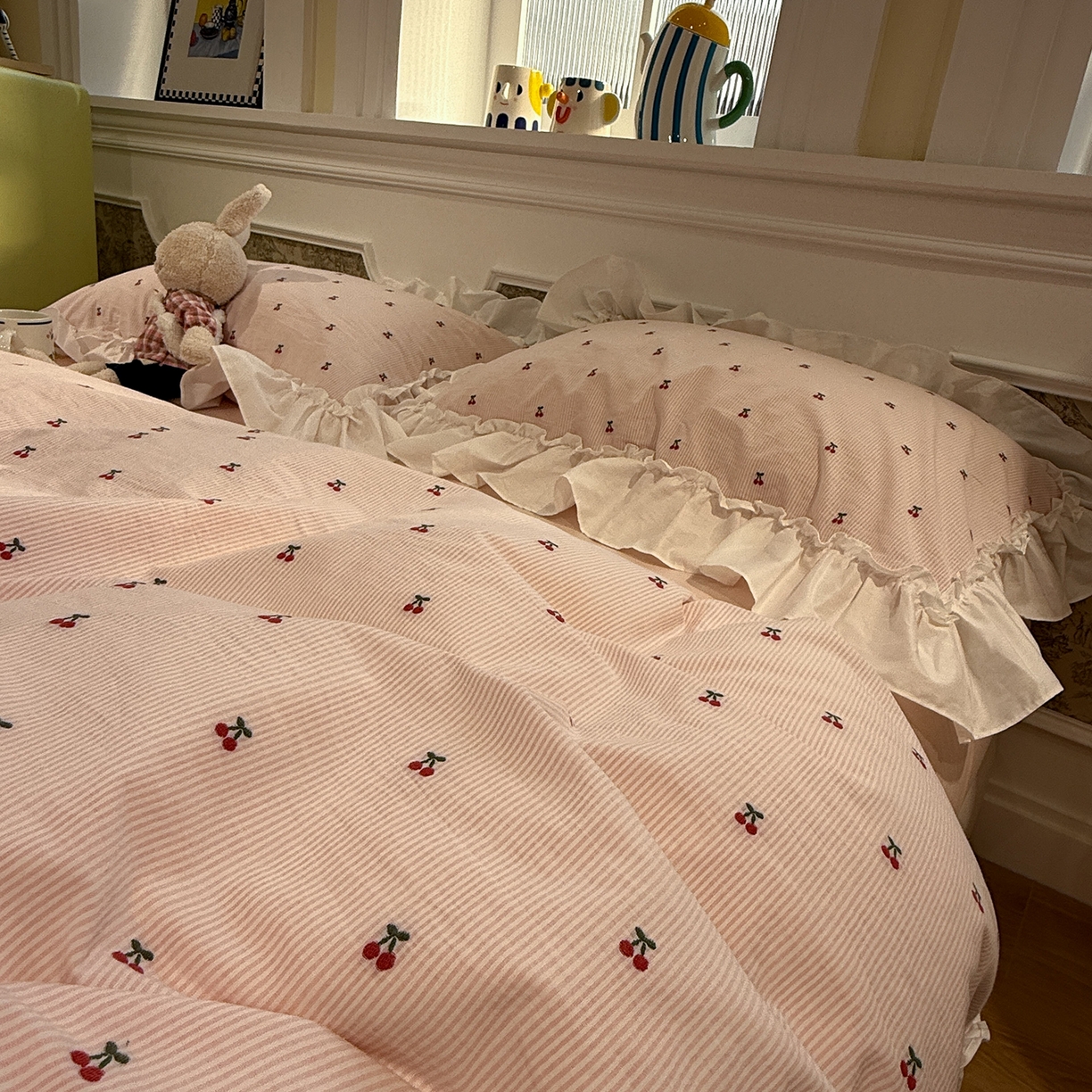 91家纺网 家纺一手货源 找家纺 （总）觅糖家纺 2026新款全棉水洗棉色织提花四件套-樱桃甜梦（会员-5）