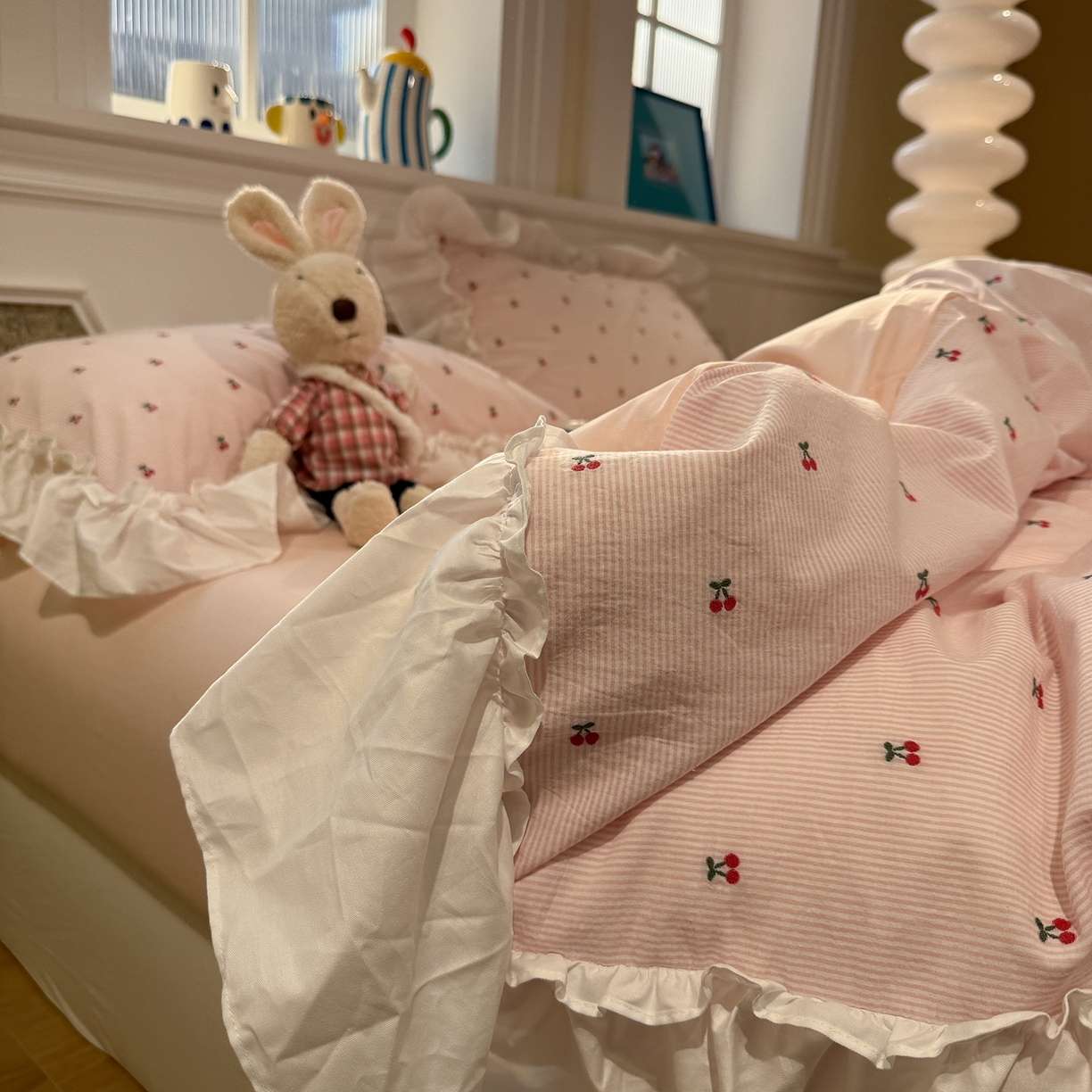 91家纺网 家纺一手货源 找家纺 （总）觅糖家纺 2026新款全棉水洗棉色织提花四件套-樱桃甜梦（会员-5）