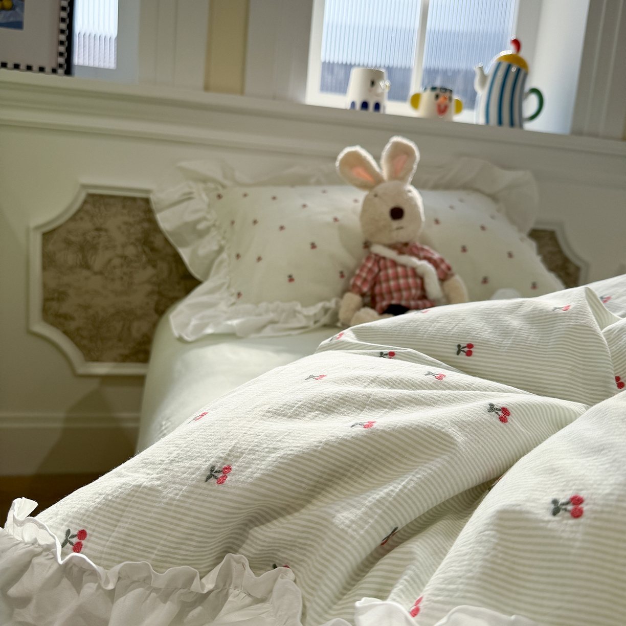 91家纺网 家纺一手货源 找家纺 觅糖家纺 2026新款全棉水洗棉色织提花四件套-樱桃甜梦（会员-5） 樱桃甜梦绿