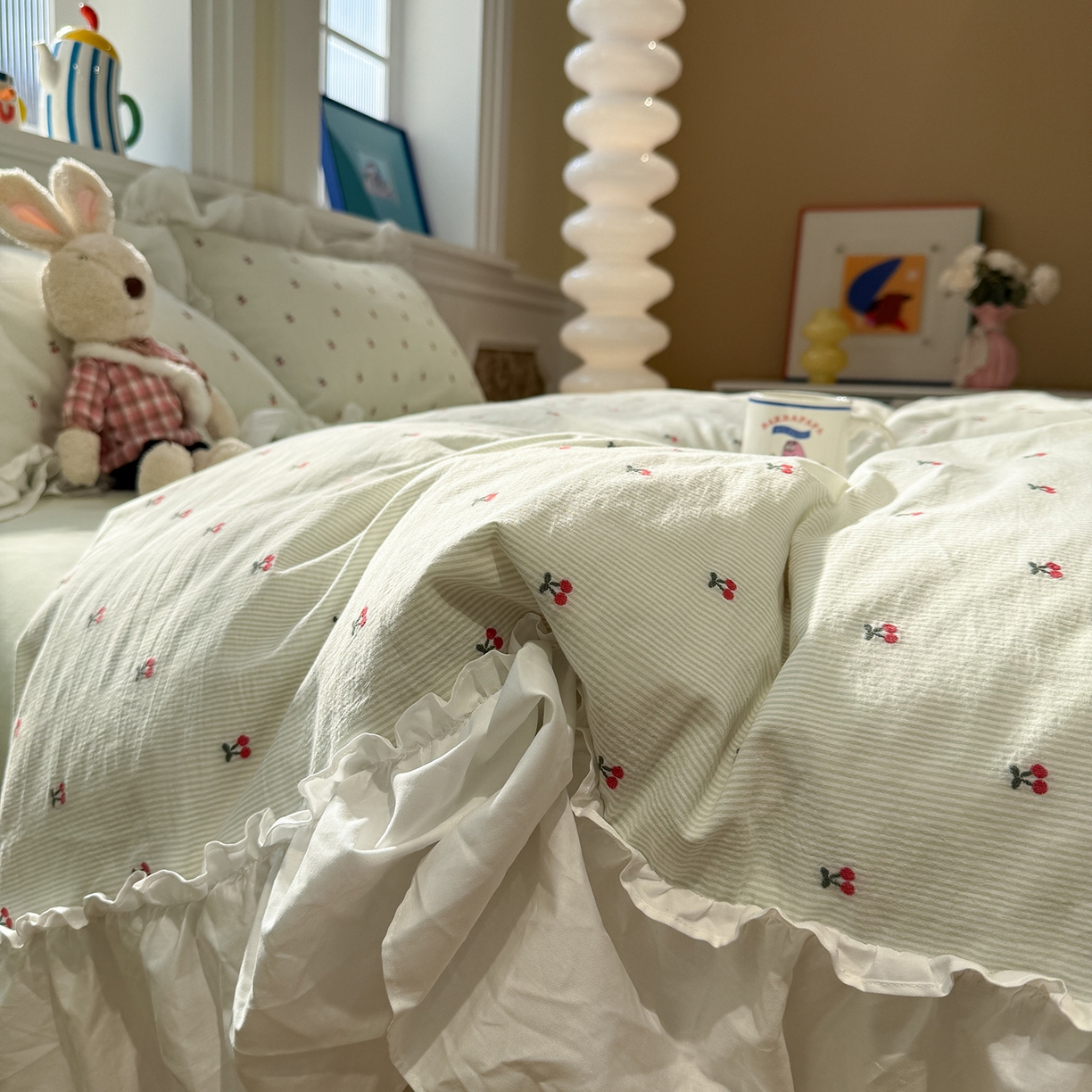 91家纺网 家纺一手货源 找家纺 觅糖家纺 2026新款全棉水洗棉色织提花四件套-樱桃甜梦（会员-5） 樱桃甜梦绿