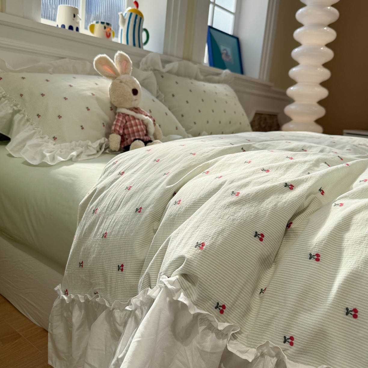 91家纺网 家纺一手货源 找家纺 觅糖家纺 2026新款全棉水洗棉色织提花四件套-樱桃甜梦（会员-5） 樱桃甜梦绿