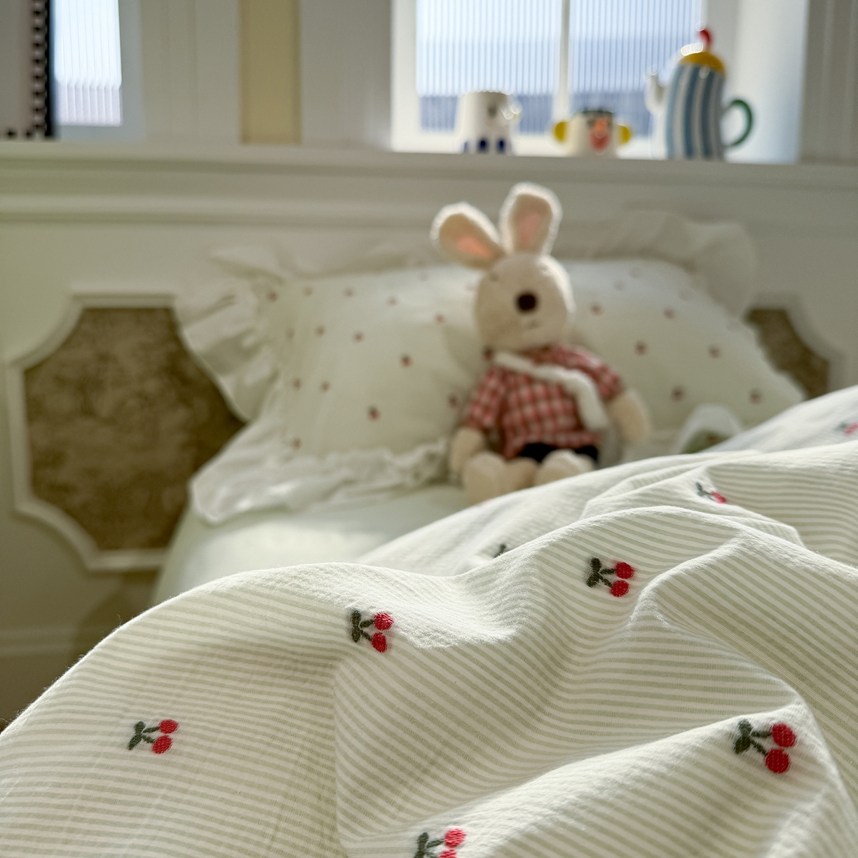 91家纺网 家纺一手货源 找家纺 觅糖家纺 2026新款全棉水洗棉色织提花四件套-樱桃甜梦（会员-5） 樱桃甜梦绿