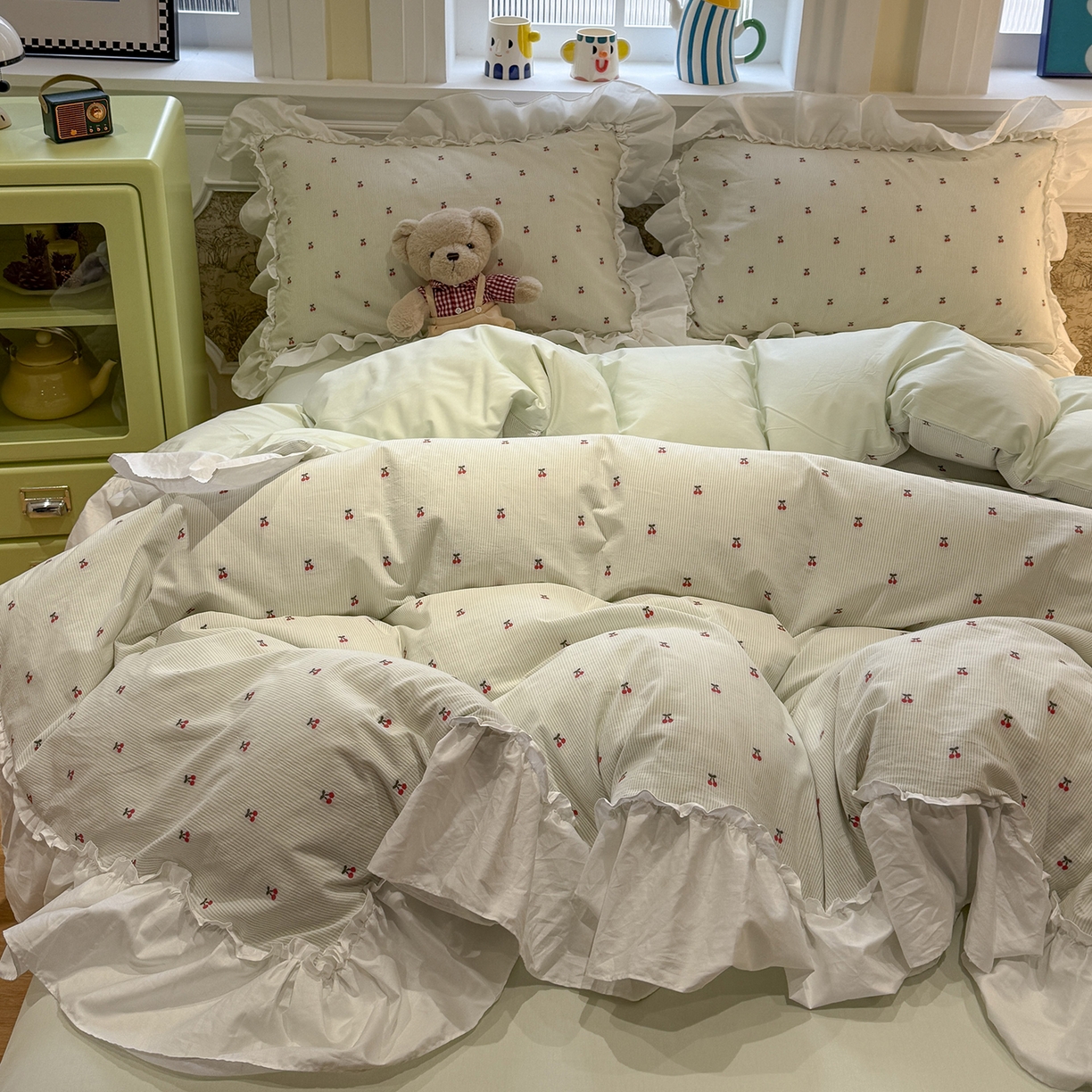 觅糖家纺 2026新款全棉水洗棉色织提花四件套-樱桃甜梦（会员-5） 樱桃甜梦绿