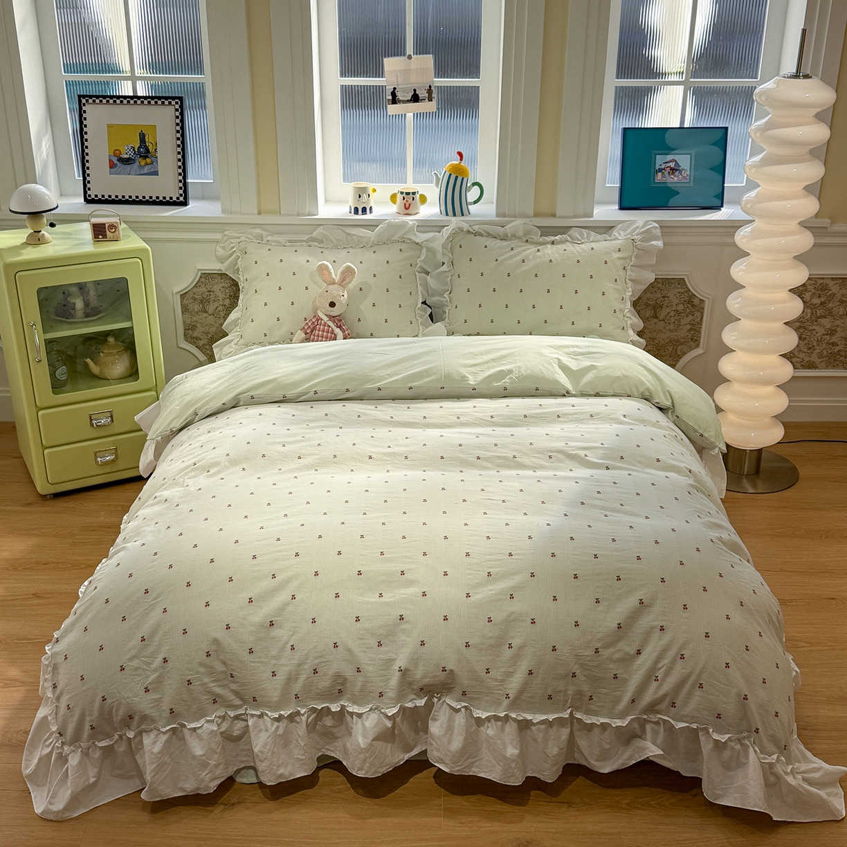 91家纺网 家纺一手货源 找家纺 觅糖家纺 2026新款全棉水洗棉色织提花四件套-樱桃甜梦（会员-5） 樱桃甜梦绿