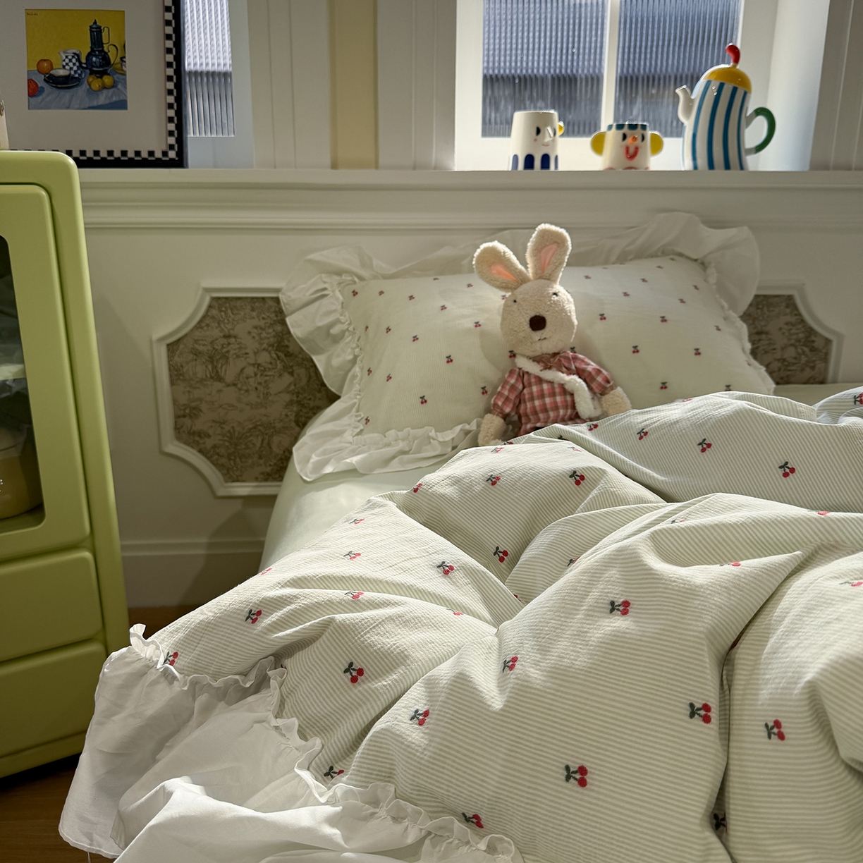 91家纺网 家纺一手货源 找家纺 觅糖家纺 2026新款全棉水洗棉色织提花四件套-樱桃甜梦（会员-5） 樱桃甜梦绿