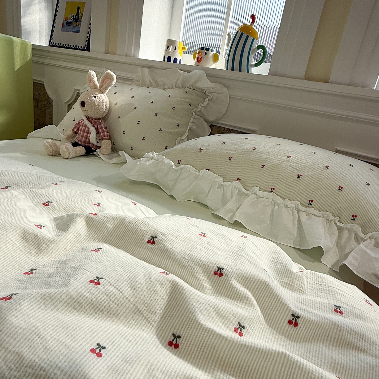 91家纺网 家纺一手货源 找家纺 觅糖家纺 2026新款全棉水洗棉色织提花四件套-樱桃甜梦（会员-5） 樱桃甜梦绿