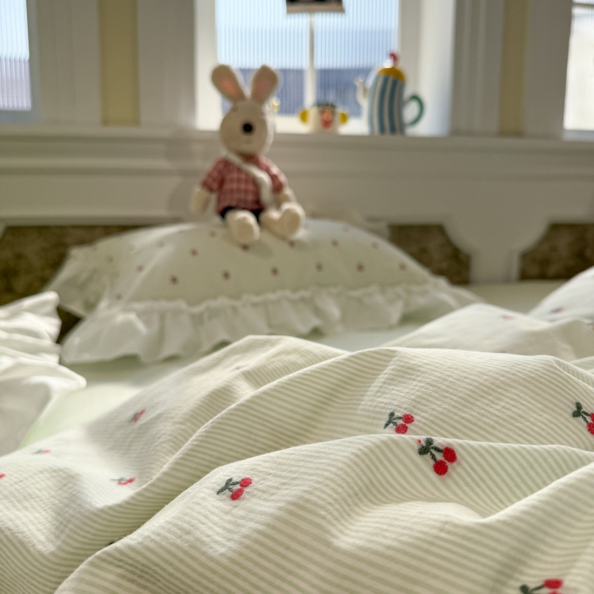 91家纺网 家纺一手货源 找家纺 觅糖家纺 2026新款全棉水洗棉色织提花四件套-樱桃甜梦（会员-5） 樱桃甜梦绿