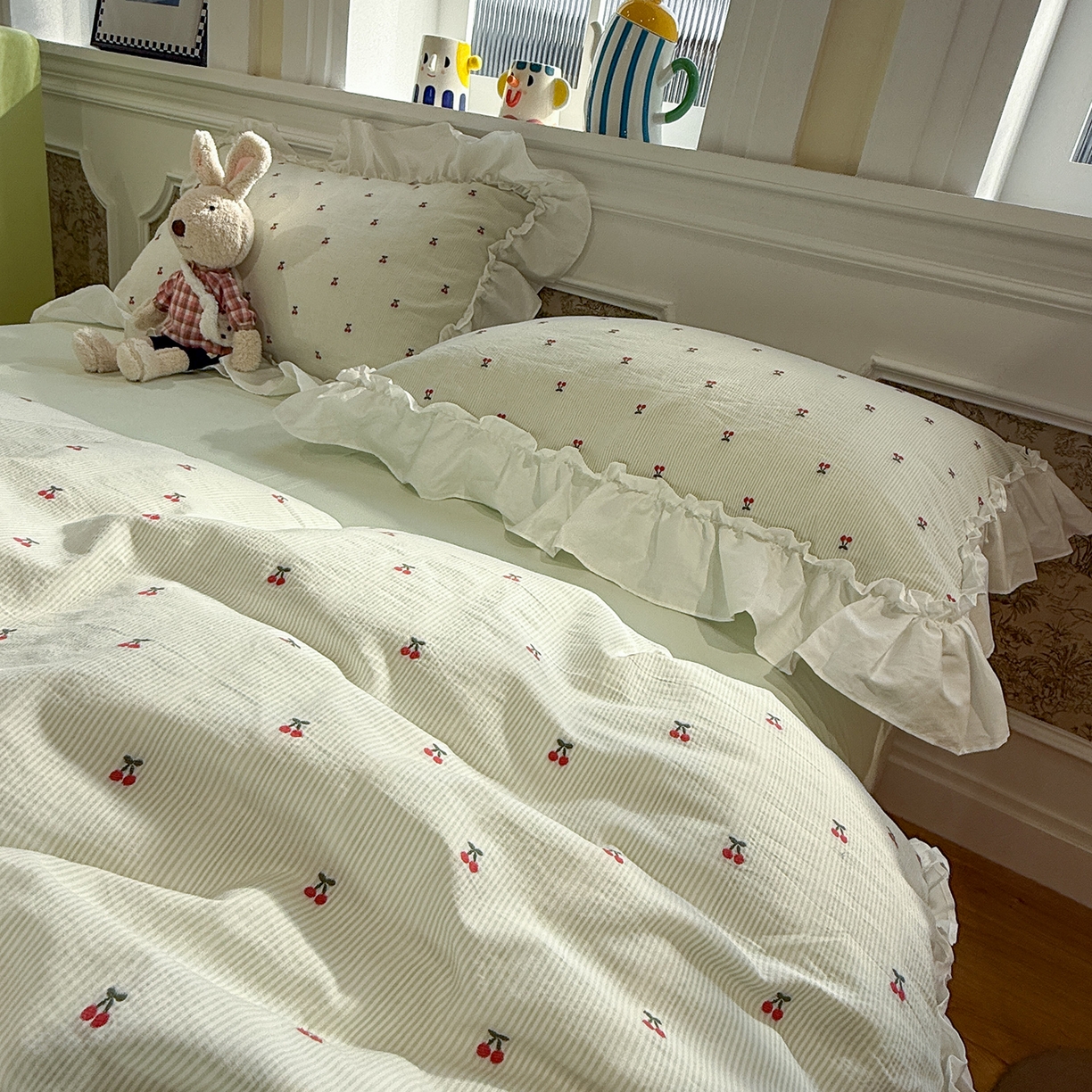 91家纺网 家纺一手货源 找家纺 觅糖家纺 2026新款全棉水洗棉色织提花四件套-樱桃甜梦（会员-5） 樱桃甜梦绿