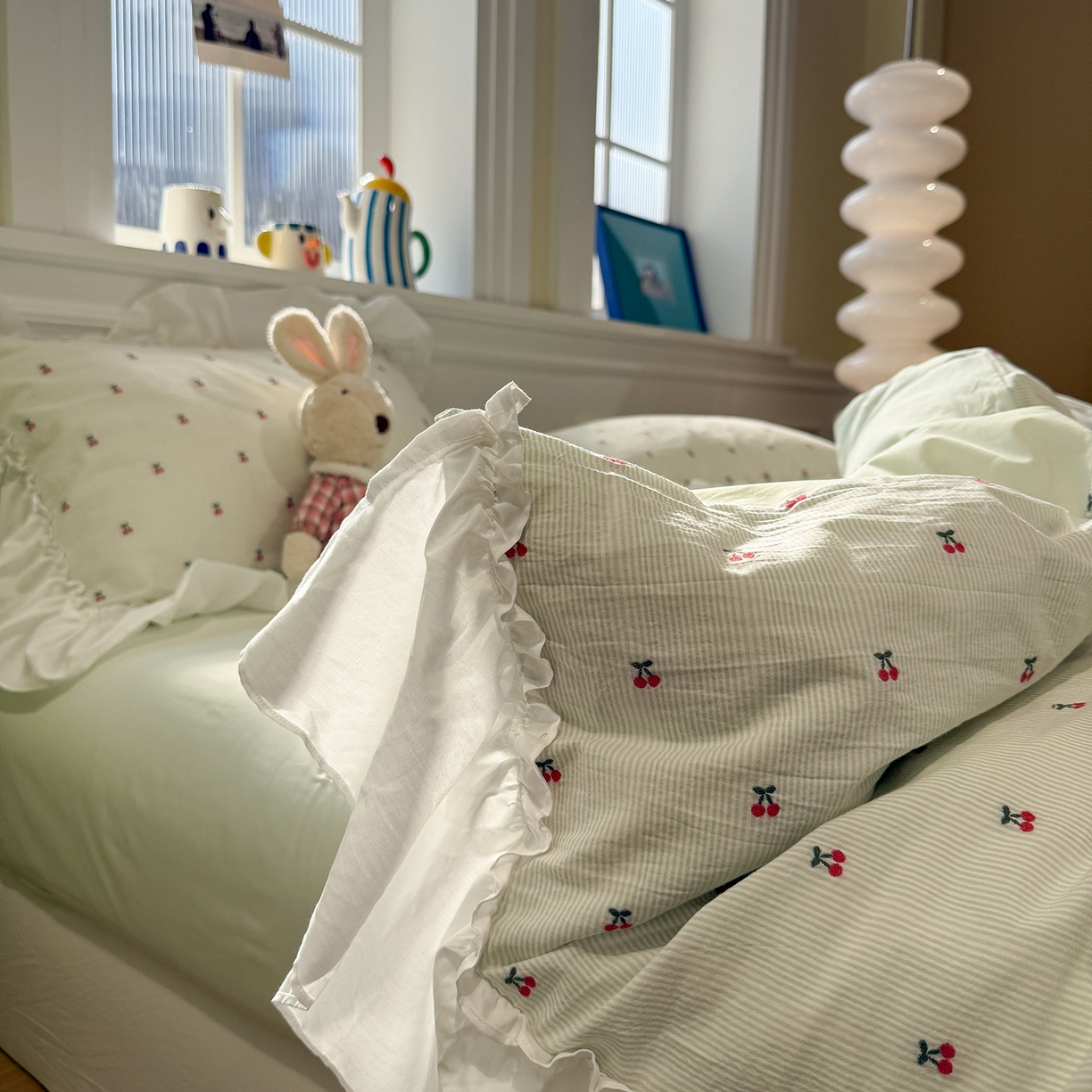 91家纺网 家纺一手货源 找家纺 觅糖家纺 2026新款全棉水洗棉色织提花四件套-樱桃甜梦（会员-5） 樱桃甜梦绿