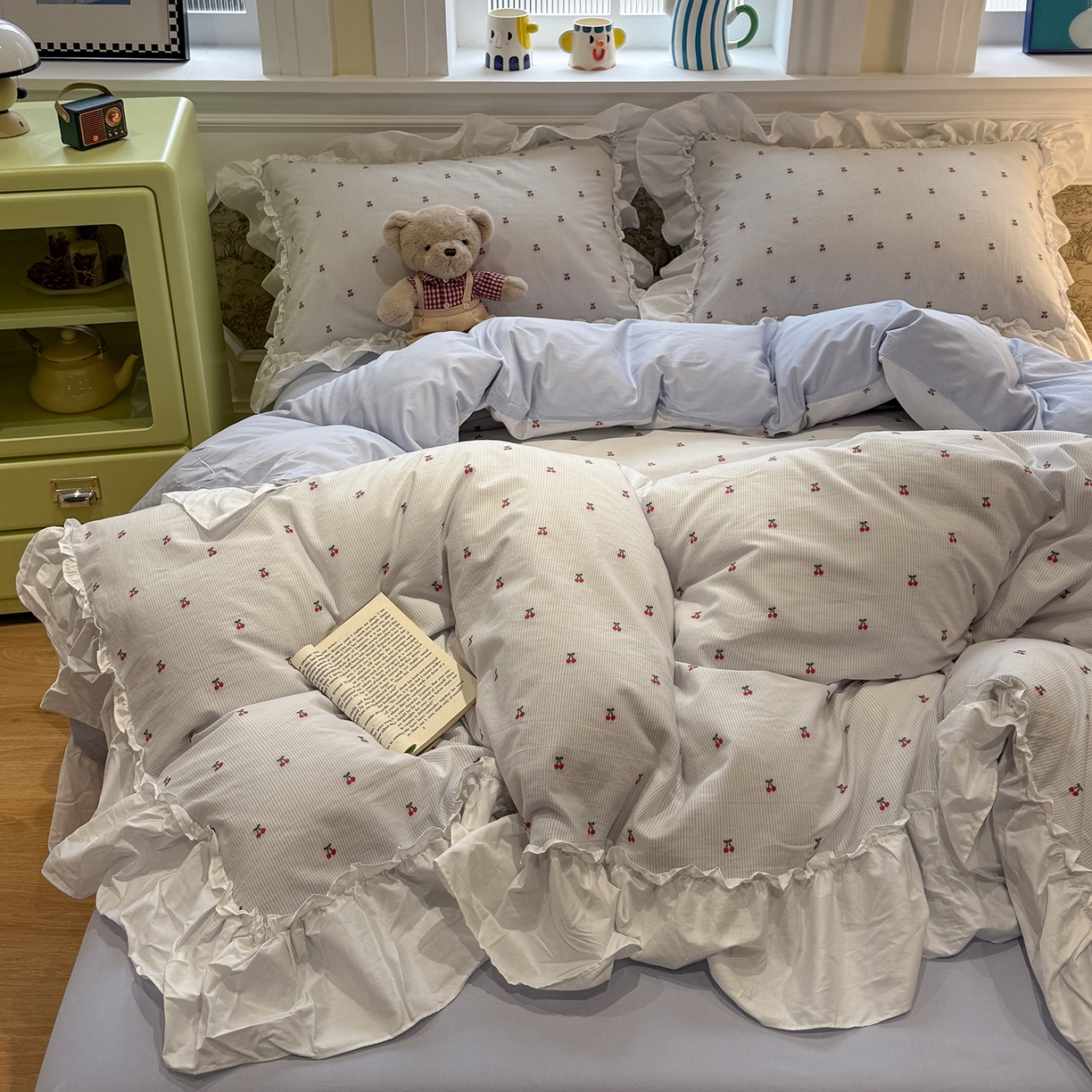 觅糖家纺 2026新款全棉水洗棉色织提花四件套-樱桃甜梦（会员-5） 樱桃甜梦蓝