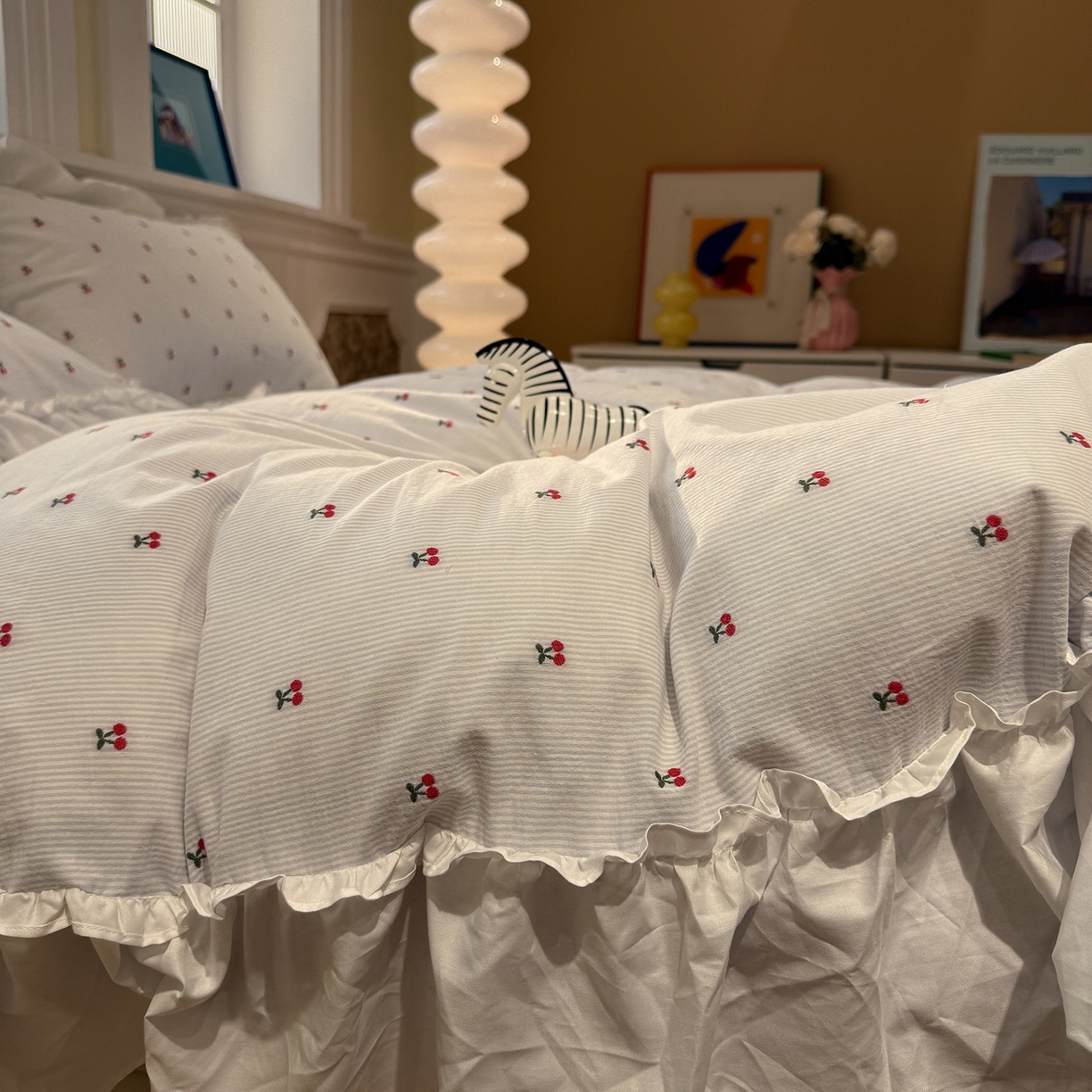 91家纺网 家纺一手货源 找家纺 觅糖家纺 2026新款全棉水洗棉色织提花四件套-樱桃甜梦（会员-5） 樱桃甜梦蓝