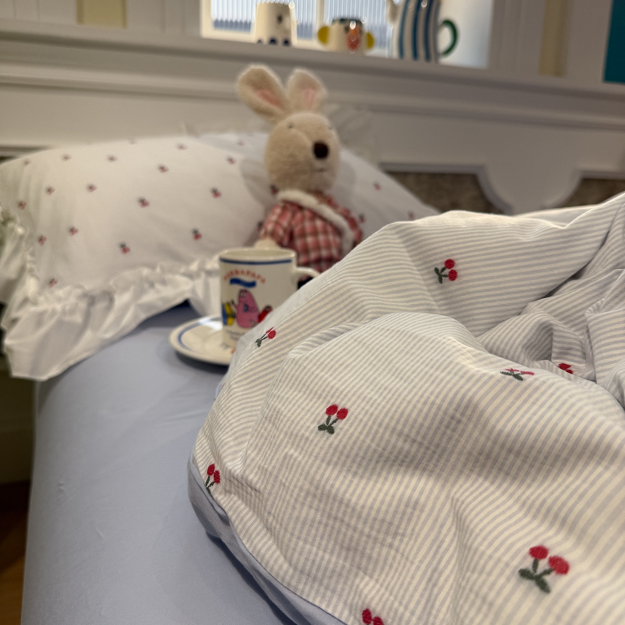 91家纺网 家纺一手货源 找家纺 觅糖家纺 2026新款全棉水洗棉色织提花四件套-樱桃甜梦（会员-5） 樱桃甜梦蓝