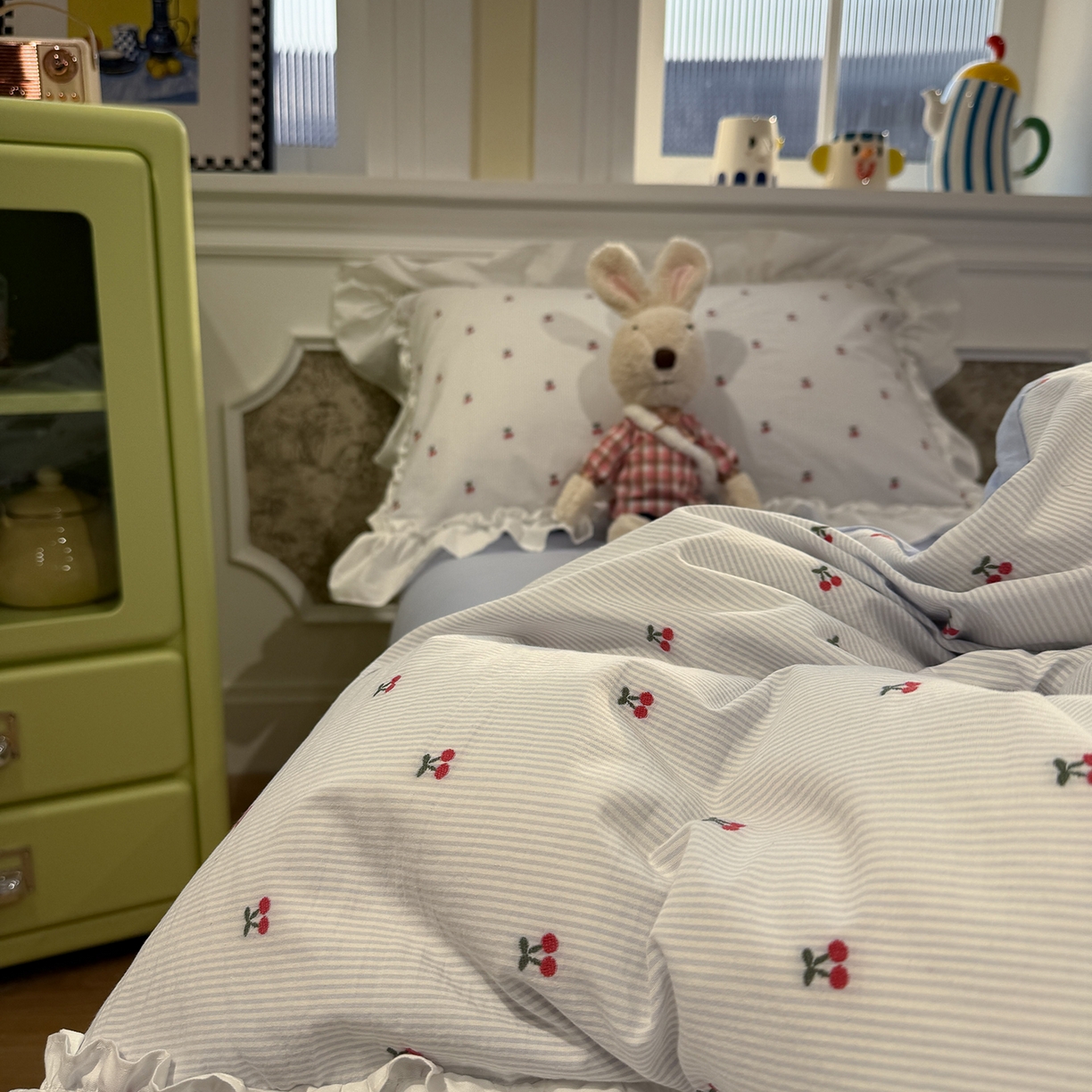 91家纺网 家纺一手货源 找家纺 觅糖家纺 2026新款全棉水洗棉色织提花四件套-樱桃甜梦（会员-5） 樱桃甜梦蓝