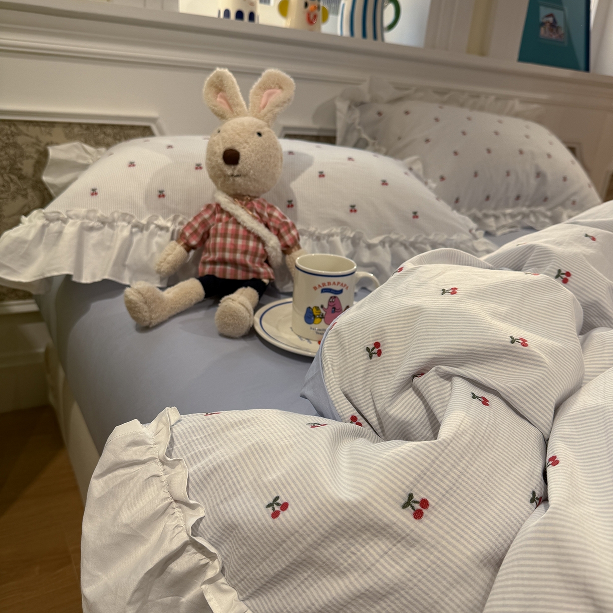 91家纺网 家纺一手货源 找家纺 觅糖家纺 2026新款全棉水洗棉色织提花四件套-樱桃甜梦（会员-5） 樱桃甜梦蓝