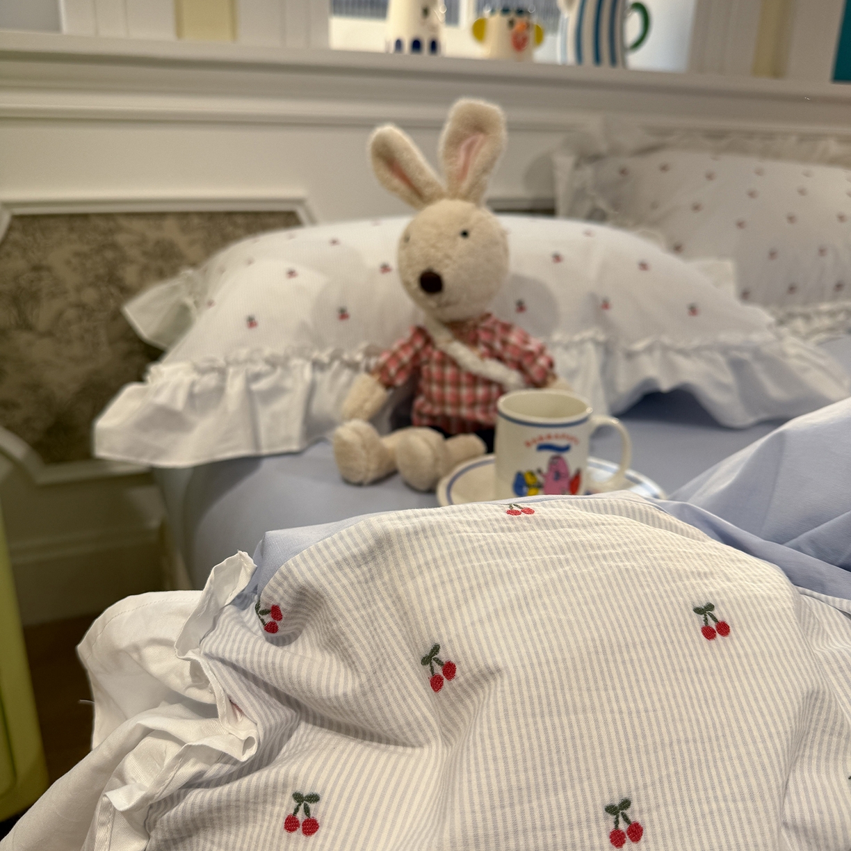 91家纺网 家纺一手货源 找家纺 觅糖家纺 2026新款全棉水洗棉色织提花四件套-樱桃甜梦（会员-5） 樱桃甜梦蓝