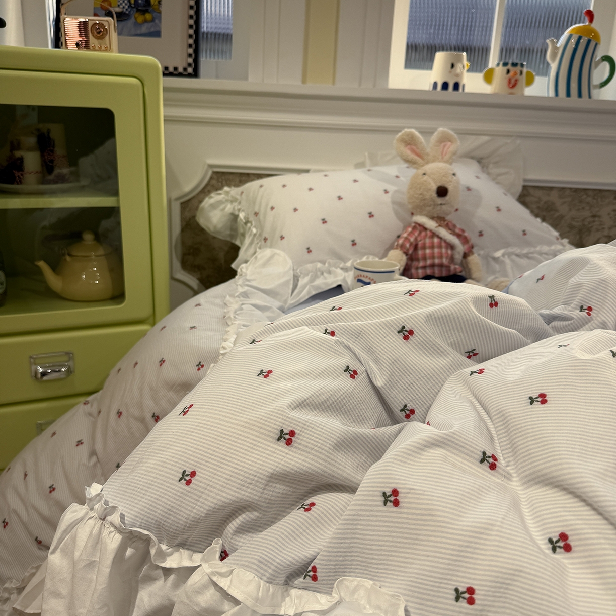 91家纺网 家纺一手货源 找家纺 觅糖家纺 2026新款全棉水洗棉色织提花四件套-樱桃甜梦（会员-5） 樱桃甜梦蓝