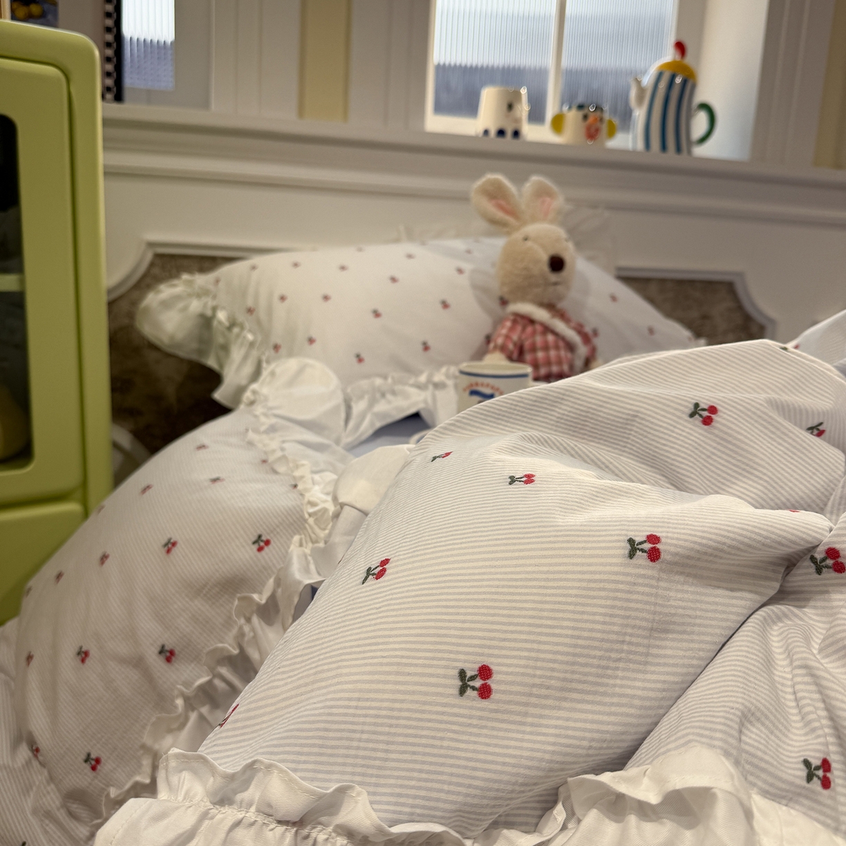 91家纺网 家纺一手货源 找家纺 觅糖家纺 2026新款全棉水洗棉色织提花四件套-樱桃甜梦（会员-5） 樱桃甜梦蓝