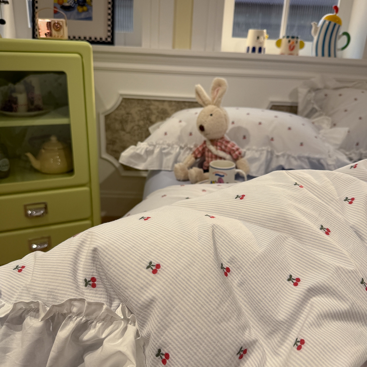 91家纺网 家纺一手货源 找家纺 觅糖家纺 2026新款全棉水洗棉色织提花四件套-樱桃甜梦（会员-5） 樱桃甜梦蓝