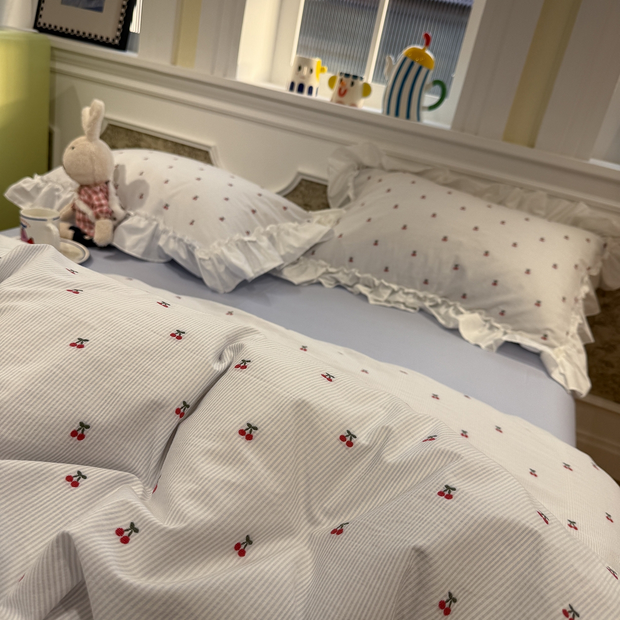 91家纺网 家纺一手货源 找家纺 觅糖家纺 2026新款全棉水洗棉色织提花四件套-樱桃甜梦（会员-5） 樱桃甜梦蓝