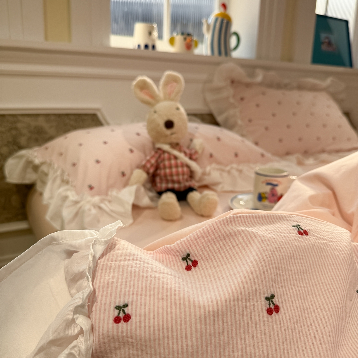 91家纺网 家纺一手货源 找家纺 觅糖家纺 2026新款全棉水洗棉色织提花四件套-樱桃甜梦（会员-5） 樱桃甜梦粉