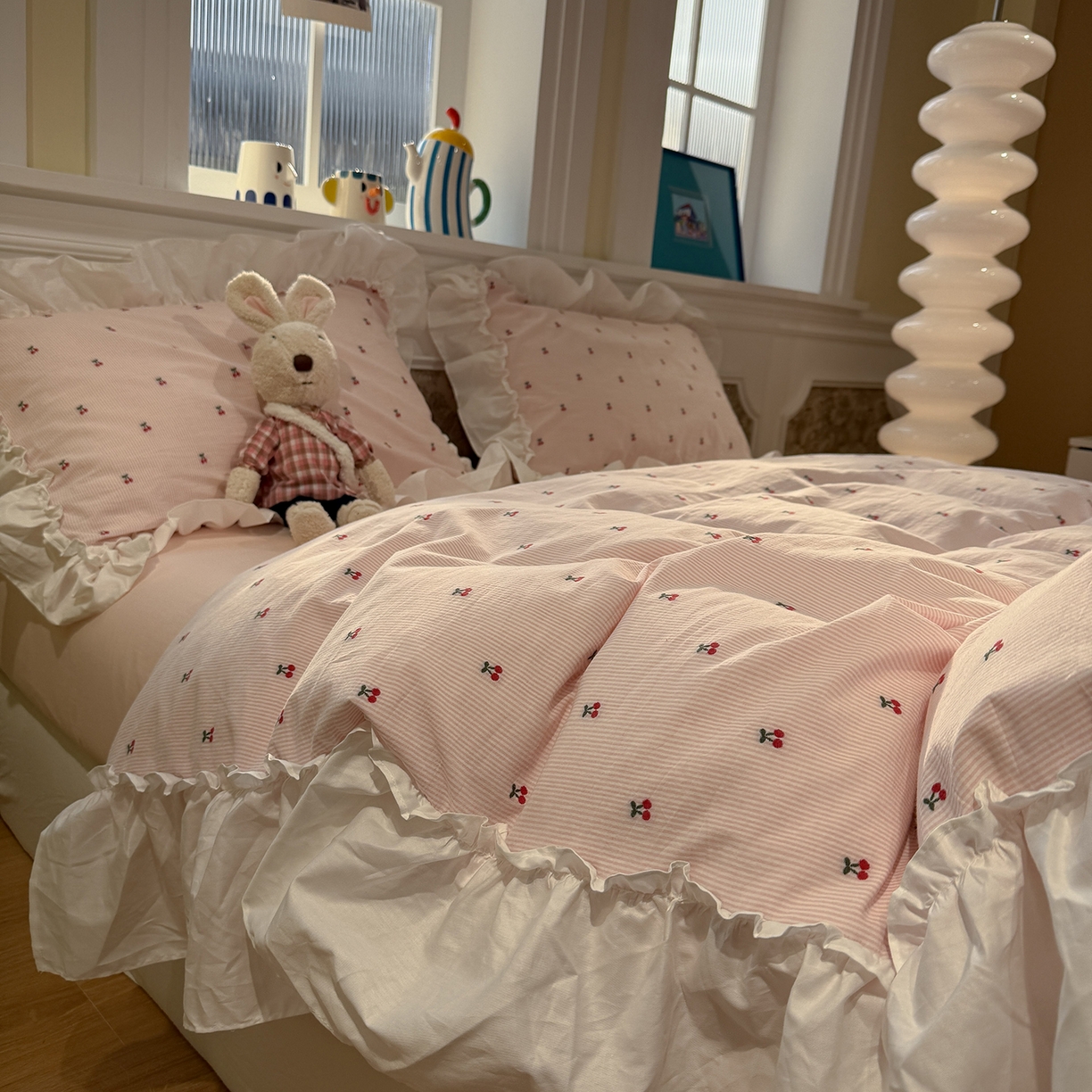 91家纺网 家纺一手货源 找家纺 觅糖家纺 2026新款全棉水洗棉色织提花四件套-樱桃甜梦（会员-5） 樱桃甜梦粉