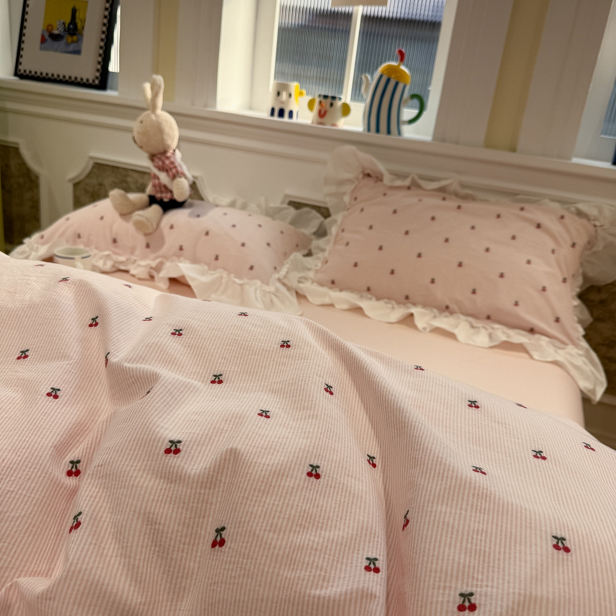 91家纺网 家纺一手货源 找家纺 觅糖家纺 2026新款全棉水洗棉色织提花四件套-樱桃甜梦（会员-5） 樱桃甜梦粉