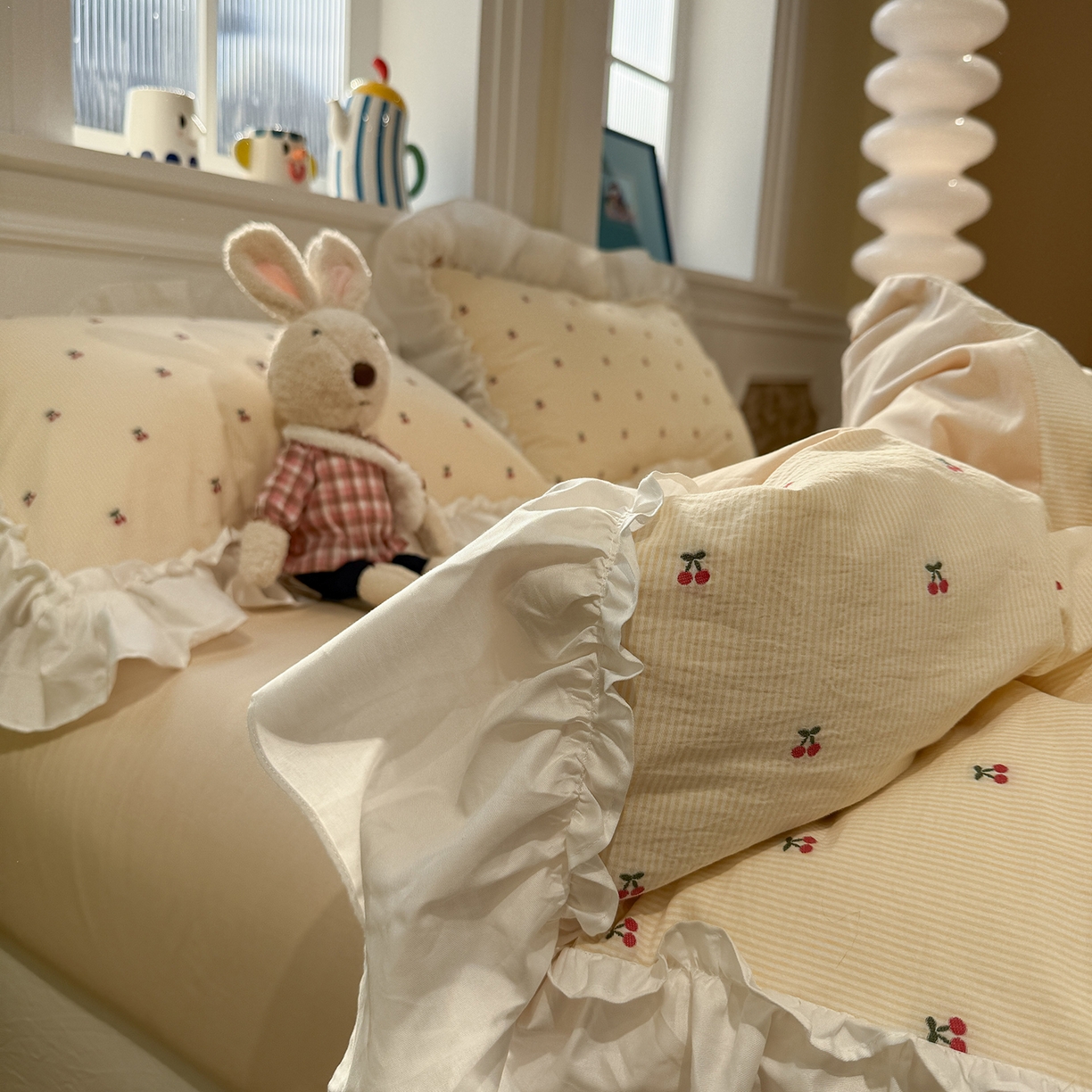 91家纺网 家纺一手货源 找家纺 觅糖家纺 2026新款全棉水洗棉色织提花四件套-樱桃甜梦（会员-5） 樱桃甜梦黄