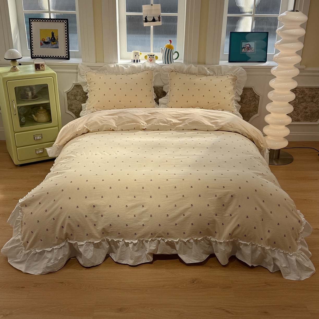 91家纺网 家纺一手货源 找家纺 觅糖家纺 2026新款全棉水洗棉色织提花四件套-樱桃甜梦（会员-5） 樱桃甜梦黄