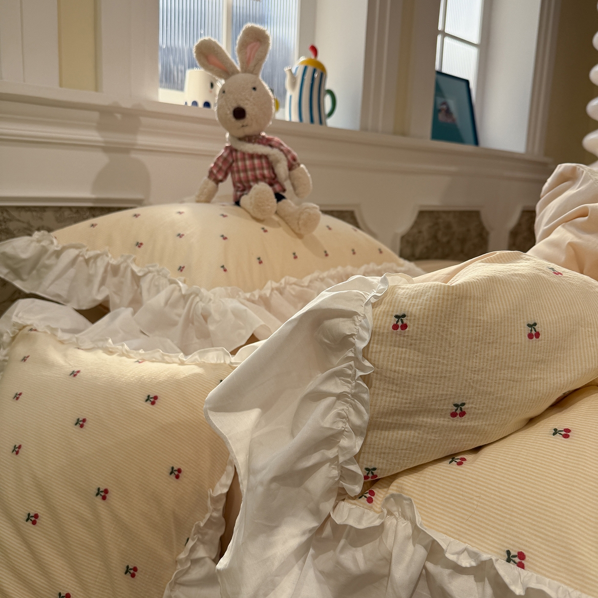 91家纺网 家纺一手货源 找家纺 觅糖家纺 2026新款全棉水洗棉色织提花四件套-樱桃甜梦（会员-5） 樱桃甜梦黄