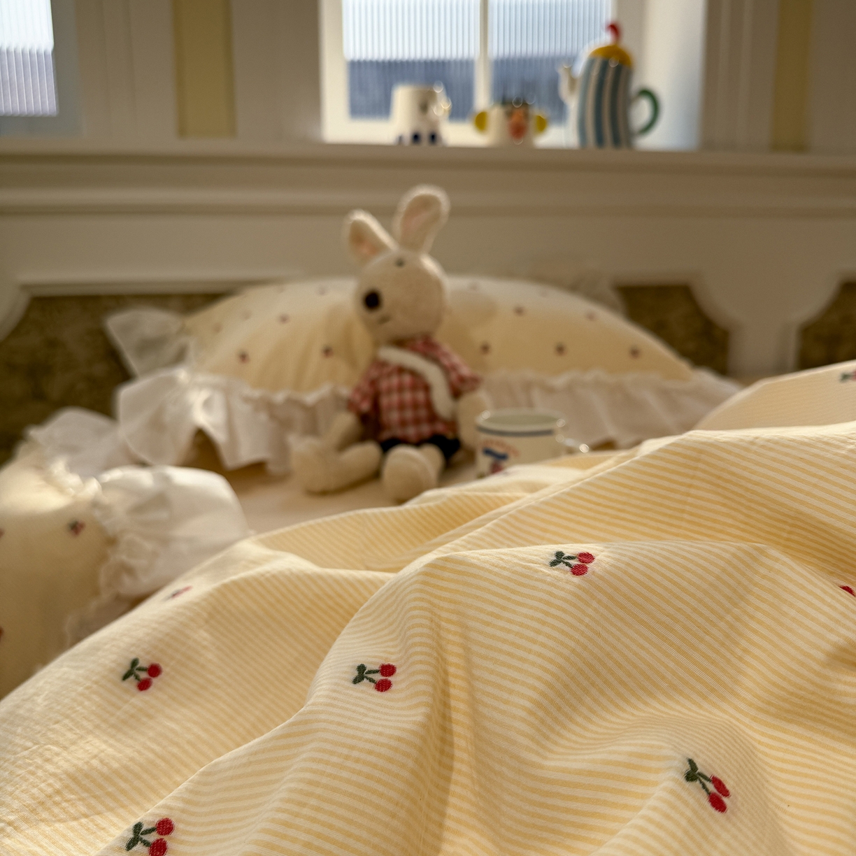 91家纺网 家纺一手货源 找家纺 觅糖家纺 2026新款全棉水洗棉色织提花四件套-樱桃甜梦（会员-5） 樱桃甜梦黄