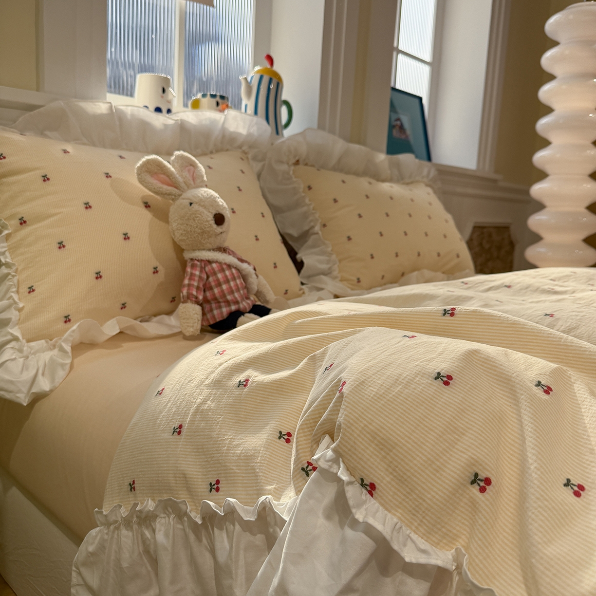 91家纺网 家纺一手货源 找家纺 觅糖家纺 2026新款全棉水洗棉色织提花四件套-樱桃甜梦（会员-5） 樱桃甜梦黄