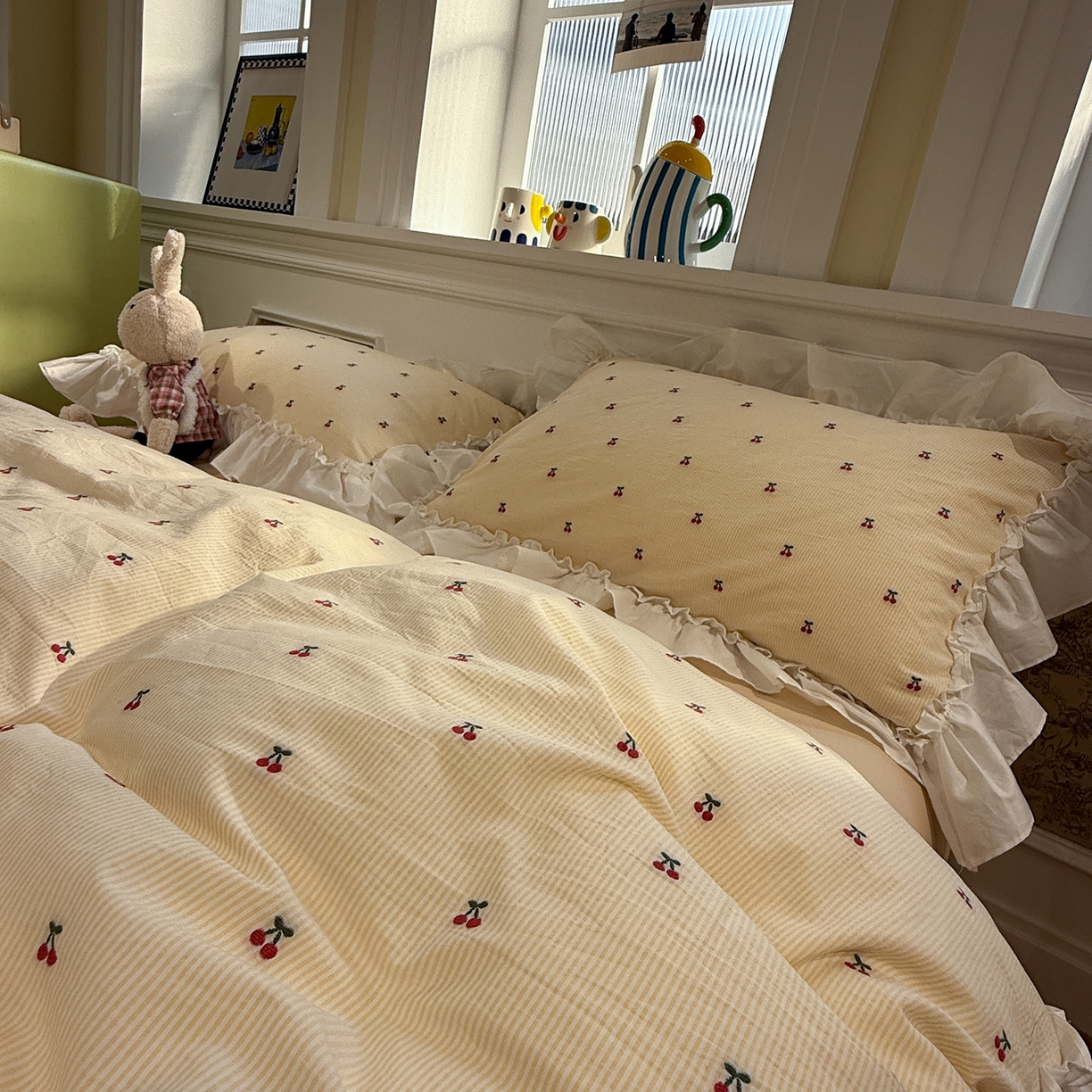 91家纺网 家纺一手货源 找家纺 觅糖家纺 2026新款全棉水洗棉色织提花四件套-樱桃甜梦（会员-5） 樱桃甜梦黄