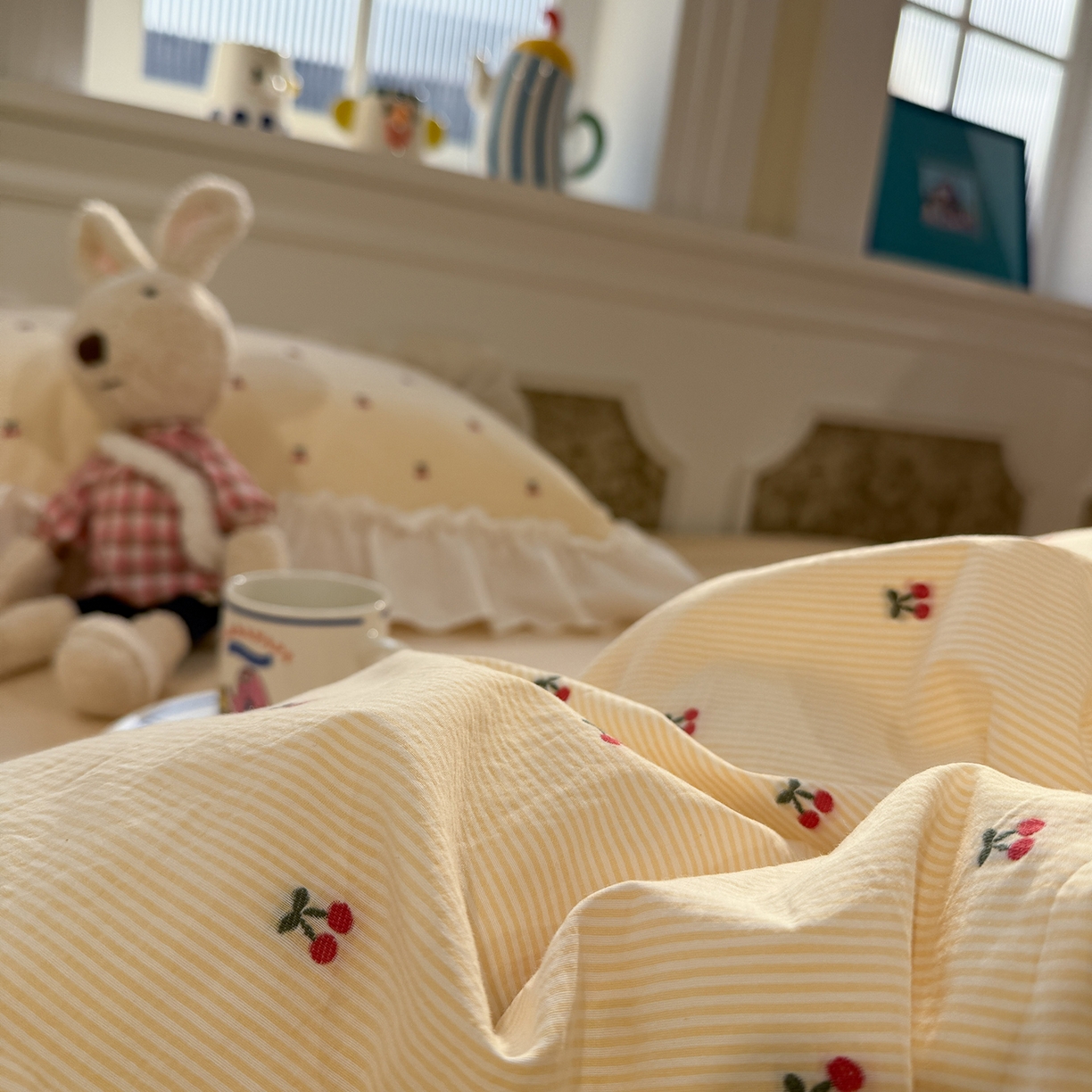 91家纺网 家纺一手货源 找家纺 觅糖家纺 2026新款全棉水洗棉色织提花四件套-樱桃甜梦（会员-5） 樱桃甜梦黄