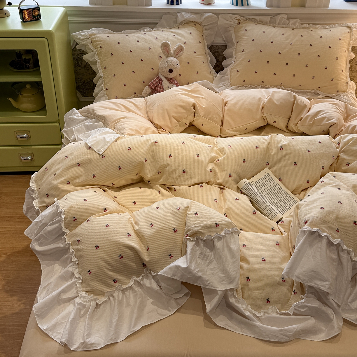 91家纺网 家纺一手货源 找家纺 （总）觅糖家纺 2026新款全棉水洗棉色织提花四件套-樱桃甜梦（会员-5）