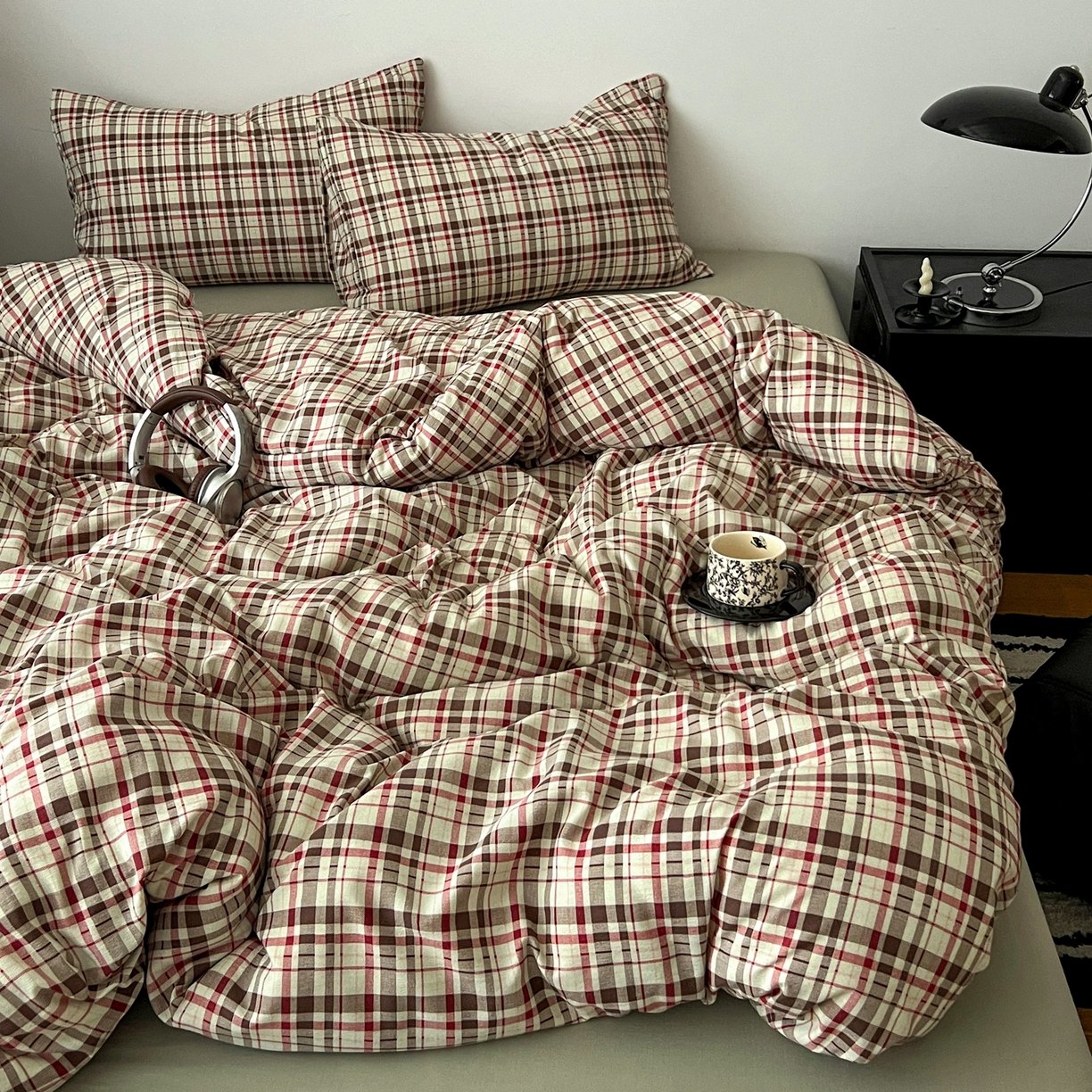 你好美丽 2026新款130克高克重格调简麻水洗四件套（暗合） 格调红大格