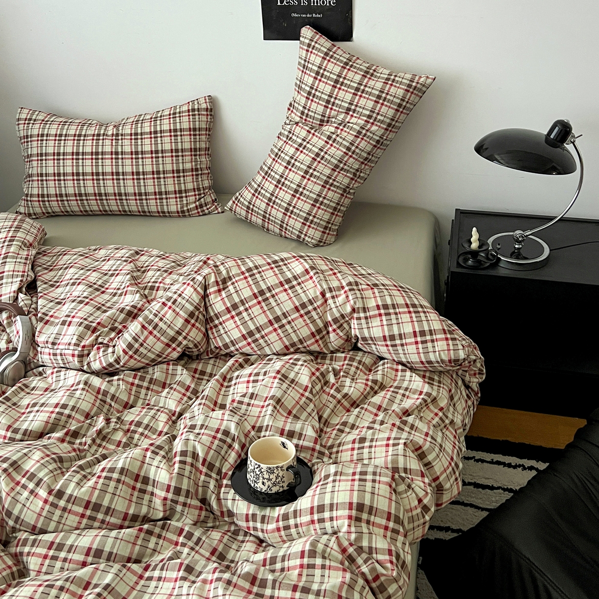 91家纺网 家纺一手货源 找家纺 你好美丽 2026新款130克高克重格调简麻水洗四件套（暗合） 格调红大格