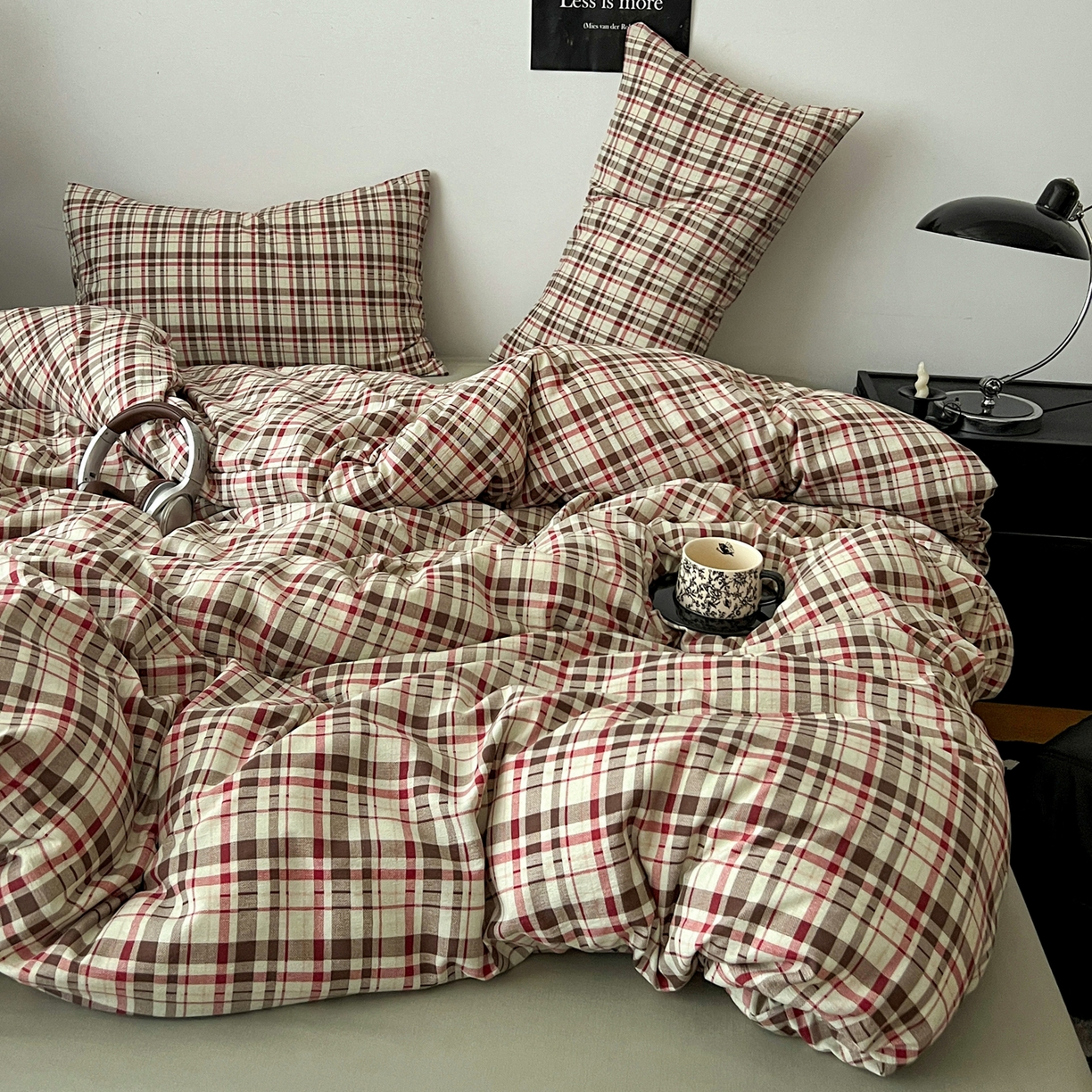 91家纺网 家纺一手货源 找家纺 你好美丽 2026新款130克高克重格调简麻水洗四件套（暗合） 格调红大格