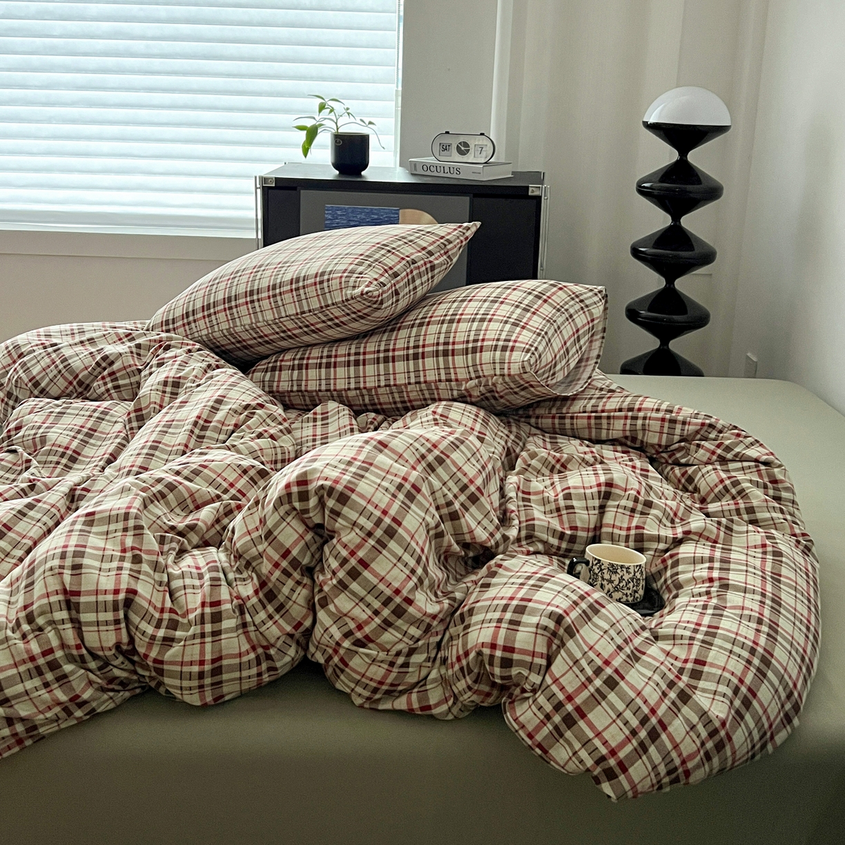 91家纺网 家纺一手货源 找家纺 你好美丽 2026新款130克高克重格调简麻水洗四件套（暗合） 格调红大格