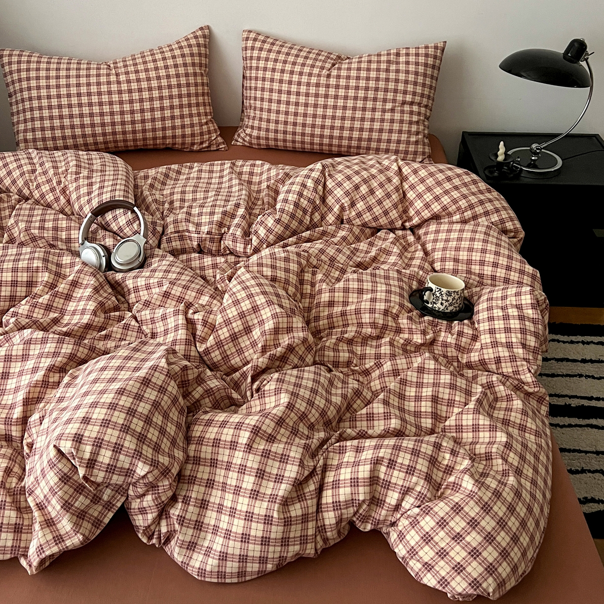 你好美丽 2026新款130克高克重格调简麻水洗四件套（暗合） 格调红小格