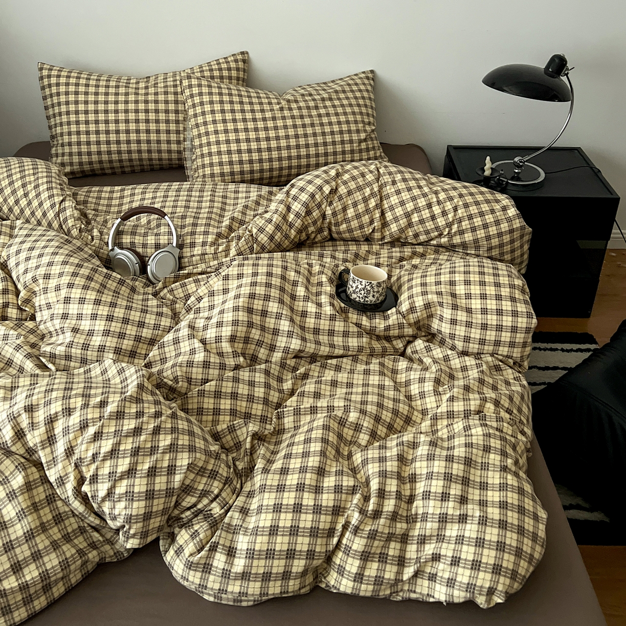 你好美丽 2026新款130克高克重格调简麻水洗四件套（暗合） 格调咖小格