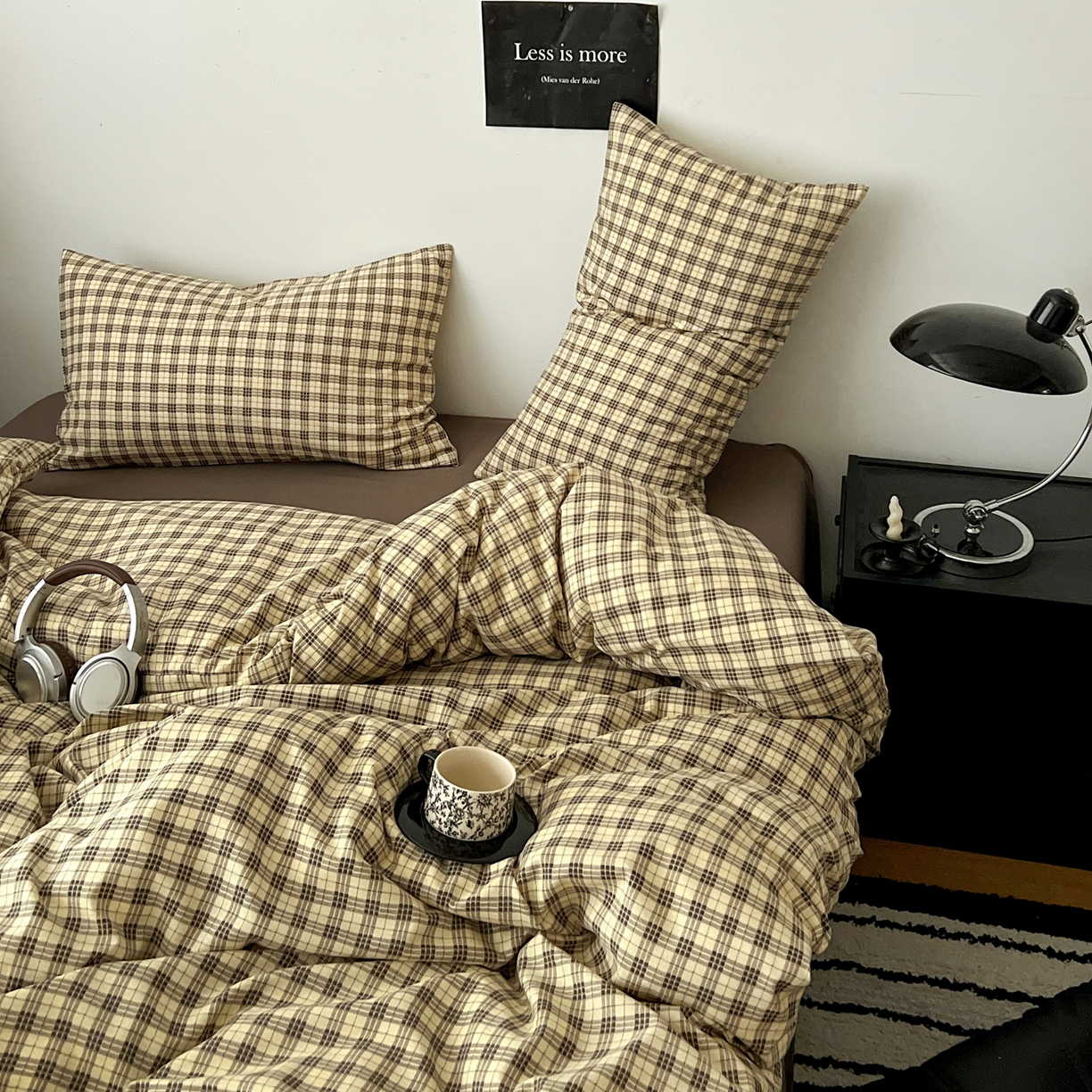 91家纺网 家纺一手货源 找家纺 你好美丽 2026新款130克高克重格调简麻水洗四件套（暗合） 格调咖小格