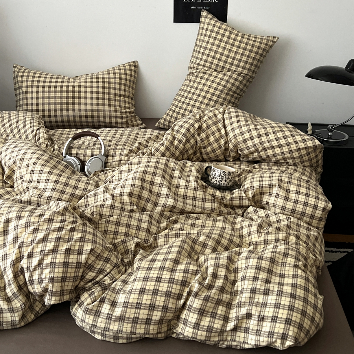 91家纺网 家纺一手货源 找家纺 你好美丽 2026新款130克高克重格调简麻水洗四件套（暗合） 格调咖小格