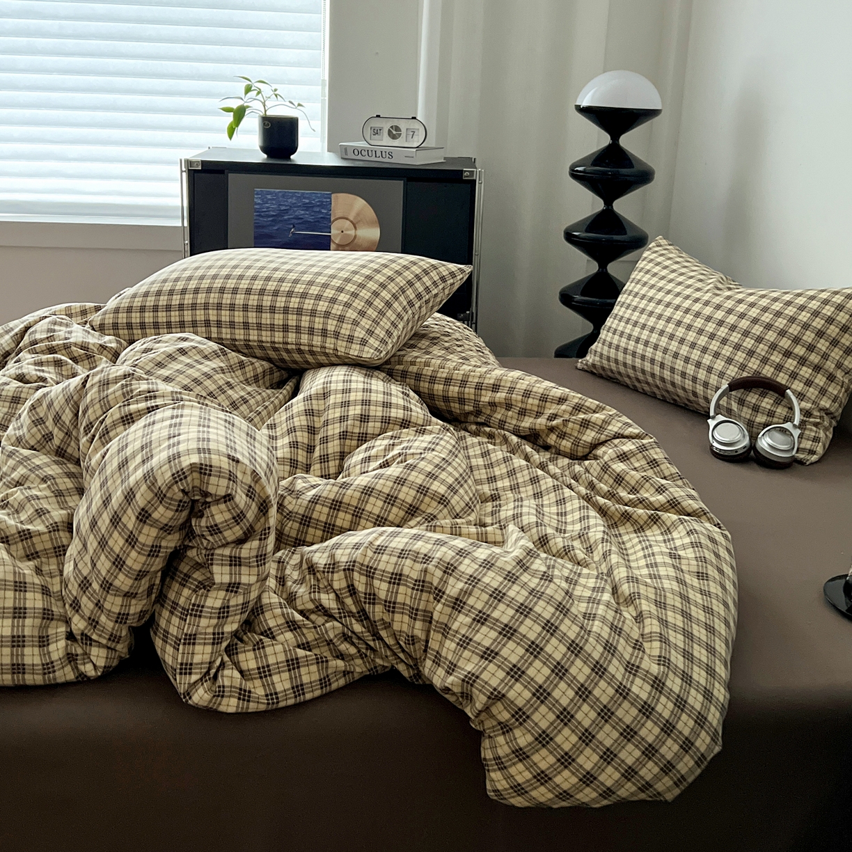 91家纺网 家纺一手货源 找家纺 你好美丽 2026新款130克高克重格调简麻水洗四件套（暗合） 格调咖小格