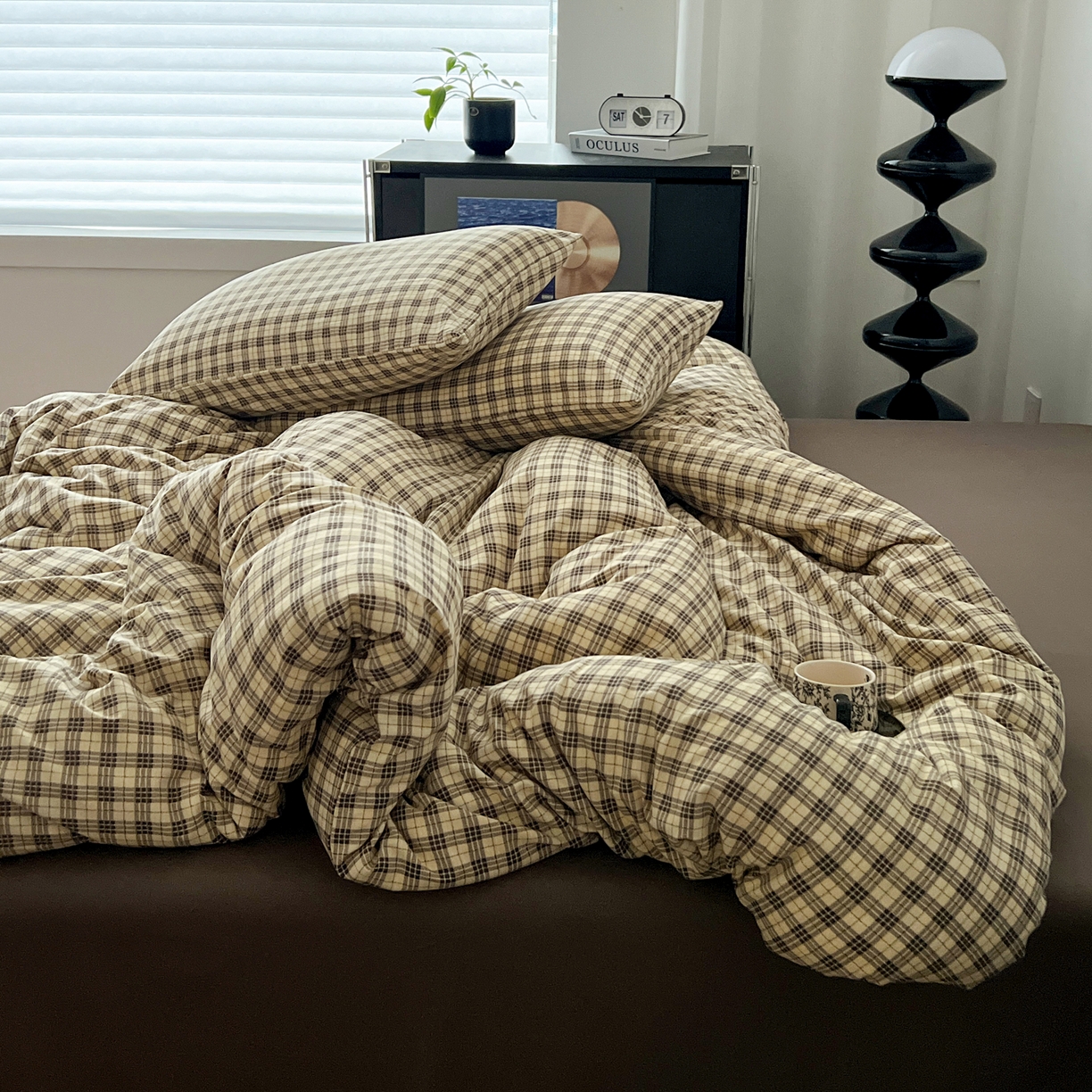 91家纺网 家纺一手货源 找家纺 你好美丽 2026新款130克高克重格调简麻水洗四件套（暗合） 格调咖小格