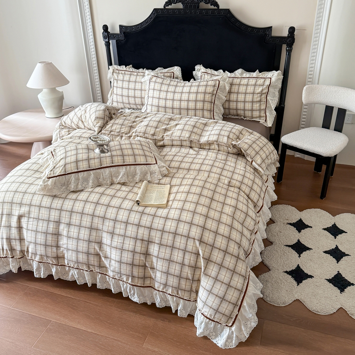 91家纺网 家纺一手货源 找家纺 （总）你好美丽 2026新款韩版刺绣水洗沐格简麻花边系列四件套