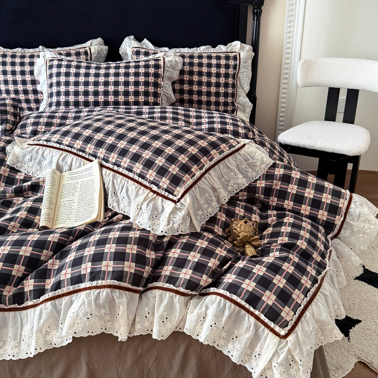 91家纺网 家纺一手货源 找家纺 （总）你好美丽 2026新款韩版刺绣水洗沐格简麻花边系列四件套