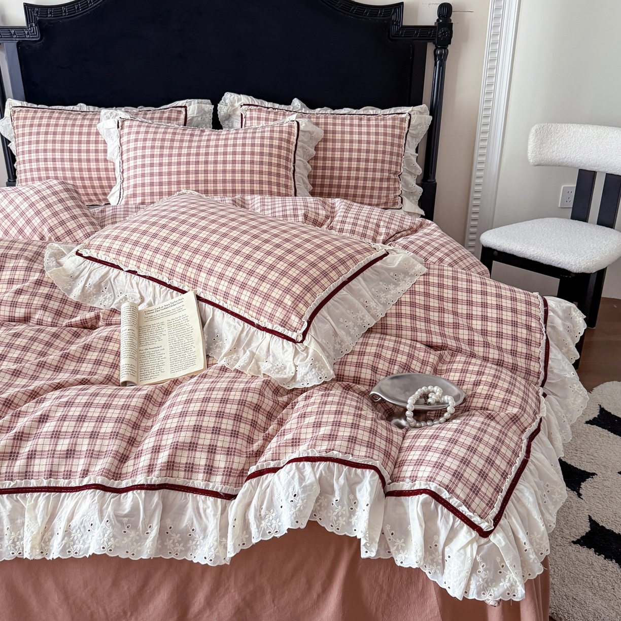 91家纺网 家纺一手货源 找家纺 （总）你好美丽 2026新款韩版刺绣水洗沐格简麻花边系列四件套