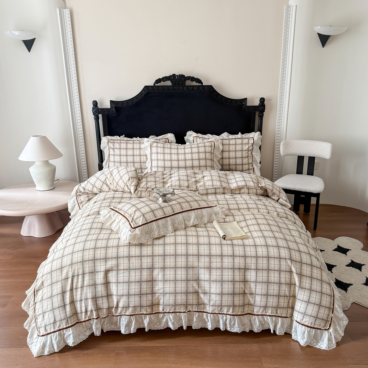 91家纺网 家纺一手货源 找家纺 你好美丽 2026新款韩版刺绣水洗沐格简麻花边系列四件套 沐格咖大格